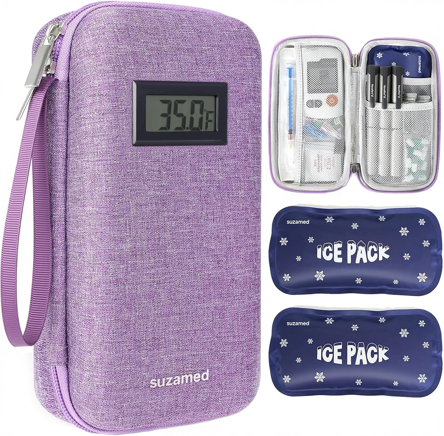 Insulin Cooler Travel Case,EVA Insulation Travel Medicine Kit with Temperature Display for Diabetes Care,Insulin Pen and Other Diabetic Supplies (Purple-Temp)