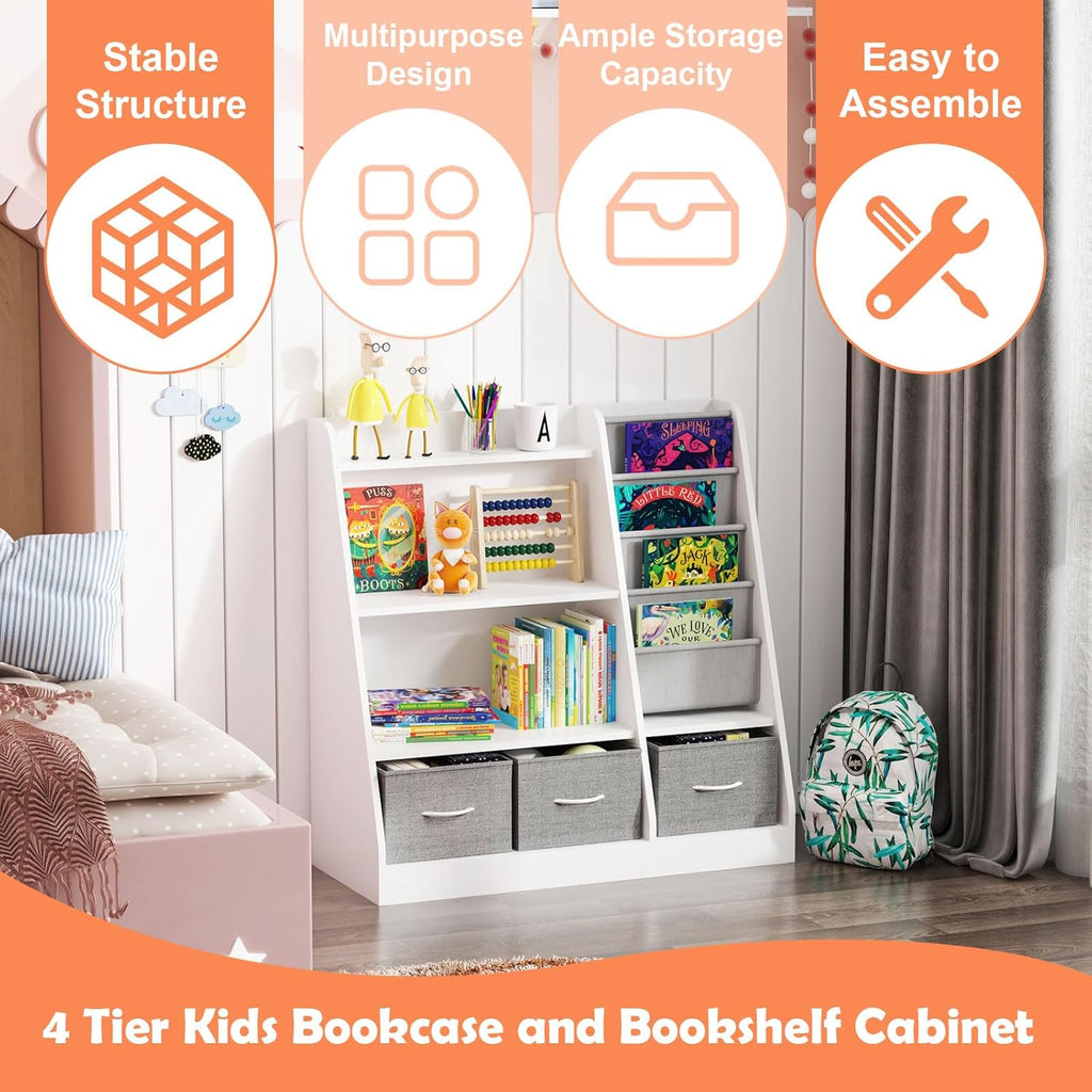 White Kids Bookshelf Wood Toy Storage Organizer Cabinet Children Bookcase Toddler Baby Sling Book Rack 3 Cube Bins Fabric Drawers for Playroom Bedroom Nursery School