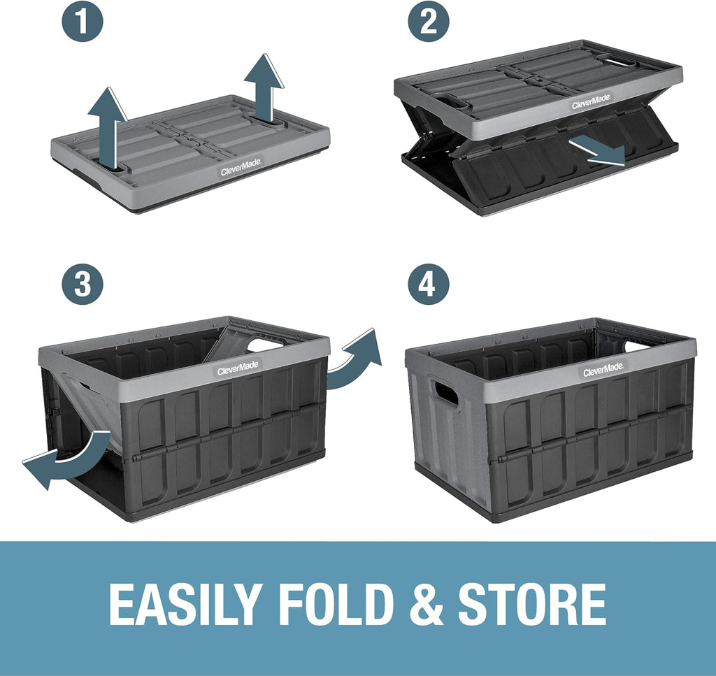 CleverMade Collapsible Storage Bins - Stone 1 Pack 46L - Stackable Containers Heavy Duty Capacity Folding Crates - Space-Saving for Home