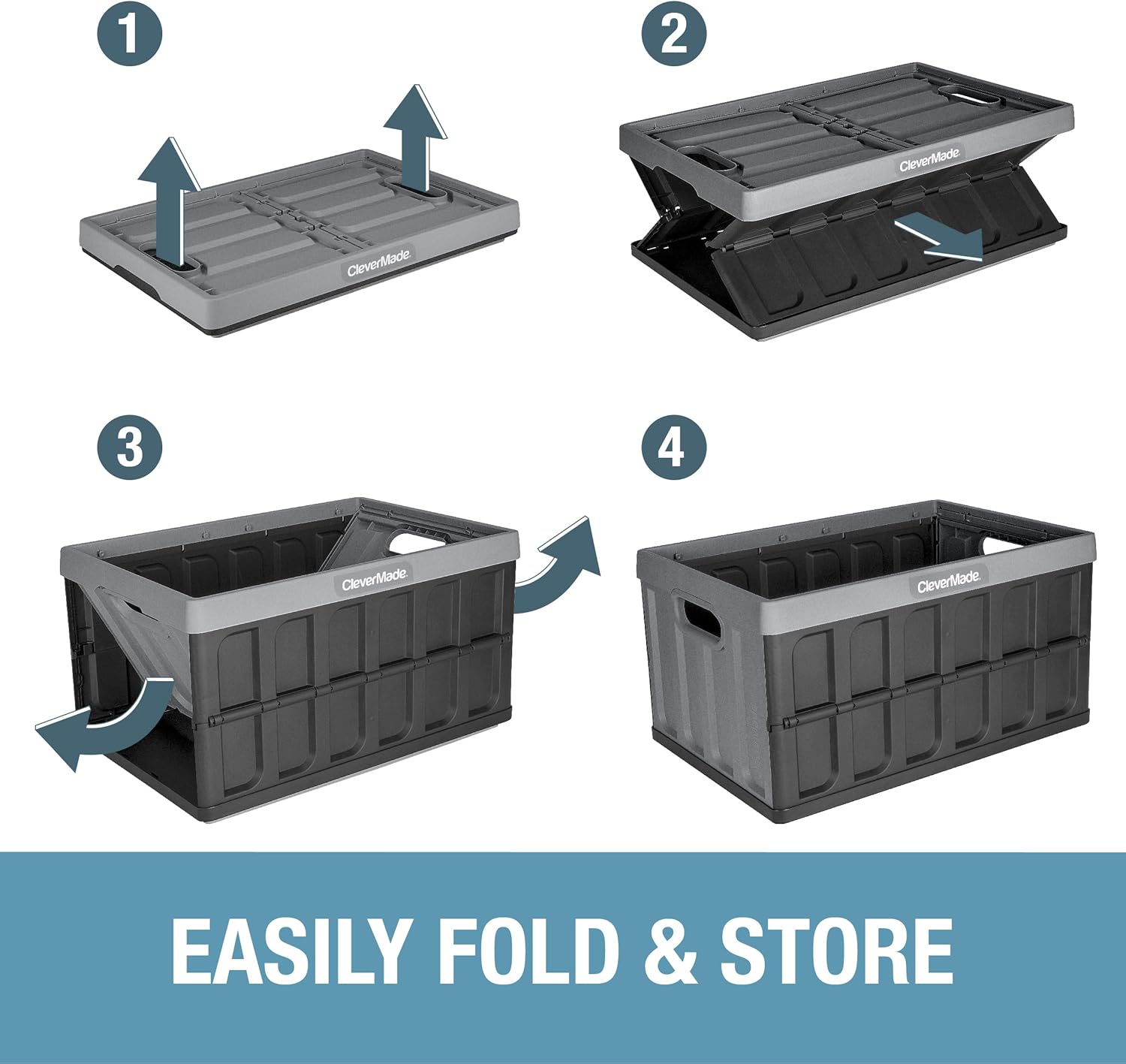 CleverMade Collapsible Storage Bins - Stone 1 Pack 46L - Stackable Containers Heavy Duty Capacity Folding Crates - Space-Saving for Home