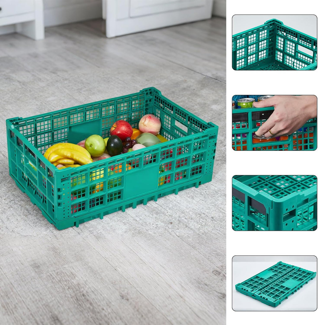 Collapsible Storage Crates, 52 Liter Heavy Duty Foldable Plastic Crates , Storage Baskets and Bins 23.6" L x 15.7" W x 8.6" H Stackable Dairy Milk Crates for Office, Home, Toy Storage
