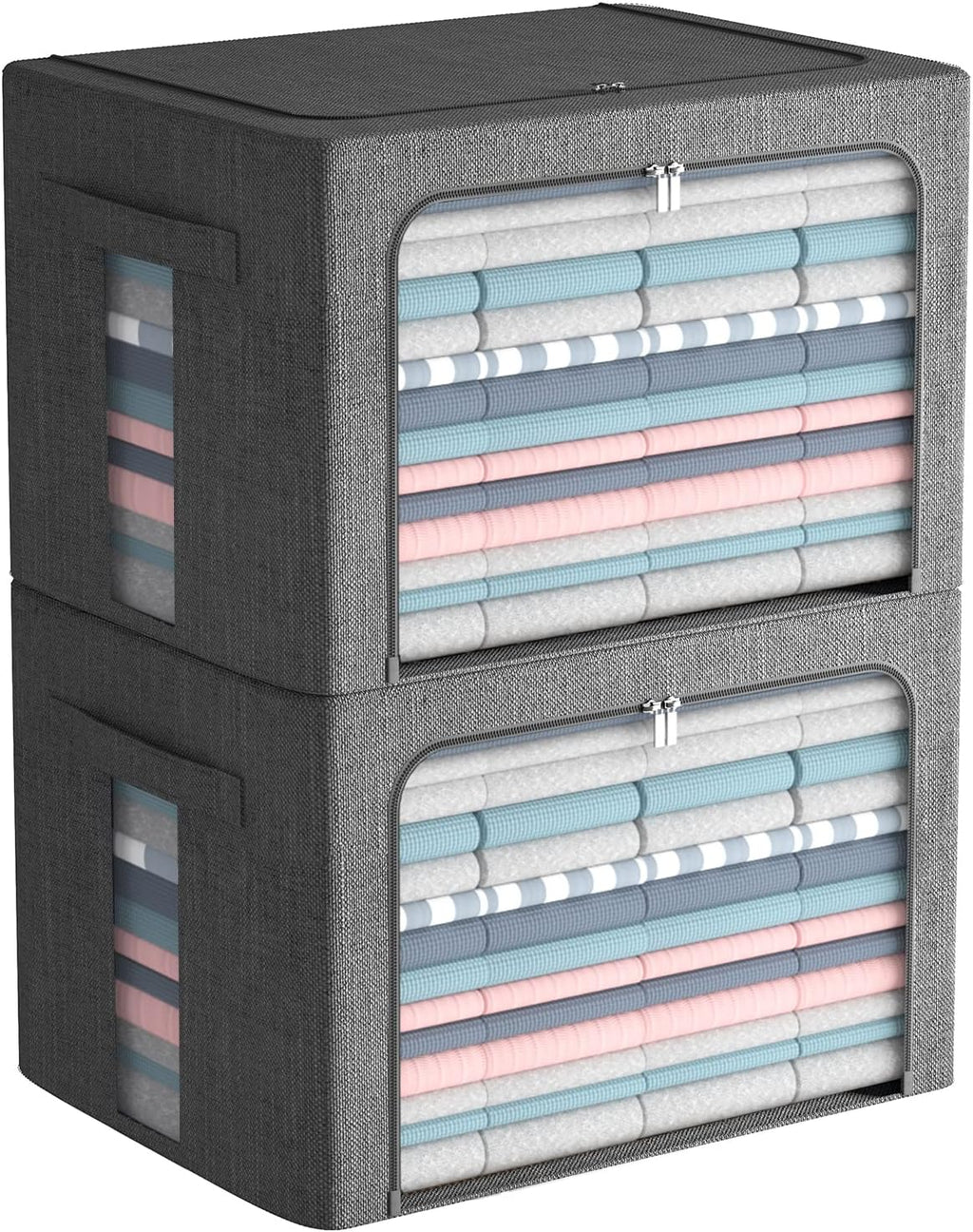 FHSQX 2 Pack Clear Window Storage Bins Large Foldable Fabric Storage Bins Boxes for Clothes Stackable Organizer Set with Carrying Handles19.7X 15.7X 12.6 Inches