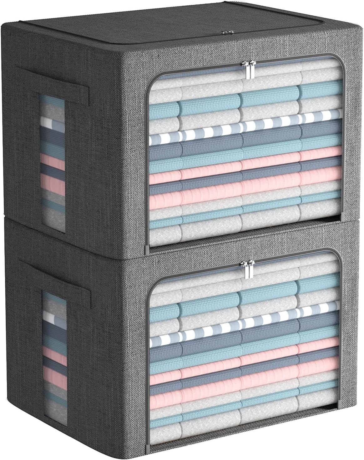 FHSQX 2 Pack Clear Window Storage Bins Large Foldable Fabric Storage Bins Boxes for Clothes Stackable Organizer Set with Carrying Handles19.7X 15.7X 12.6 Inches