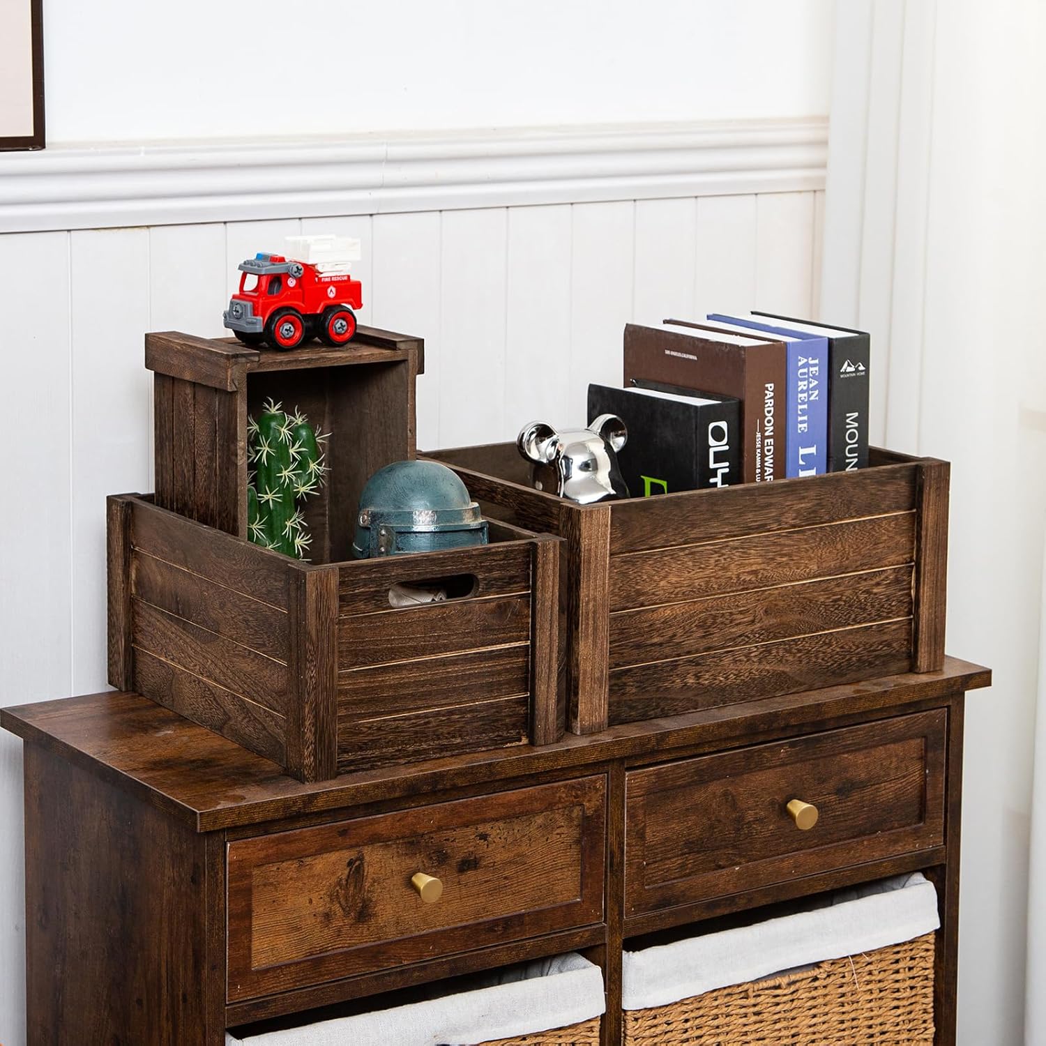 Large Vintage Brown Wooden Crates For Storage,Nesting Handmade Solid Wood Vintage Black Wood Storage Boxes.Storage Crates For Organizing.