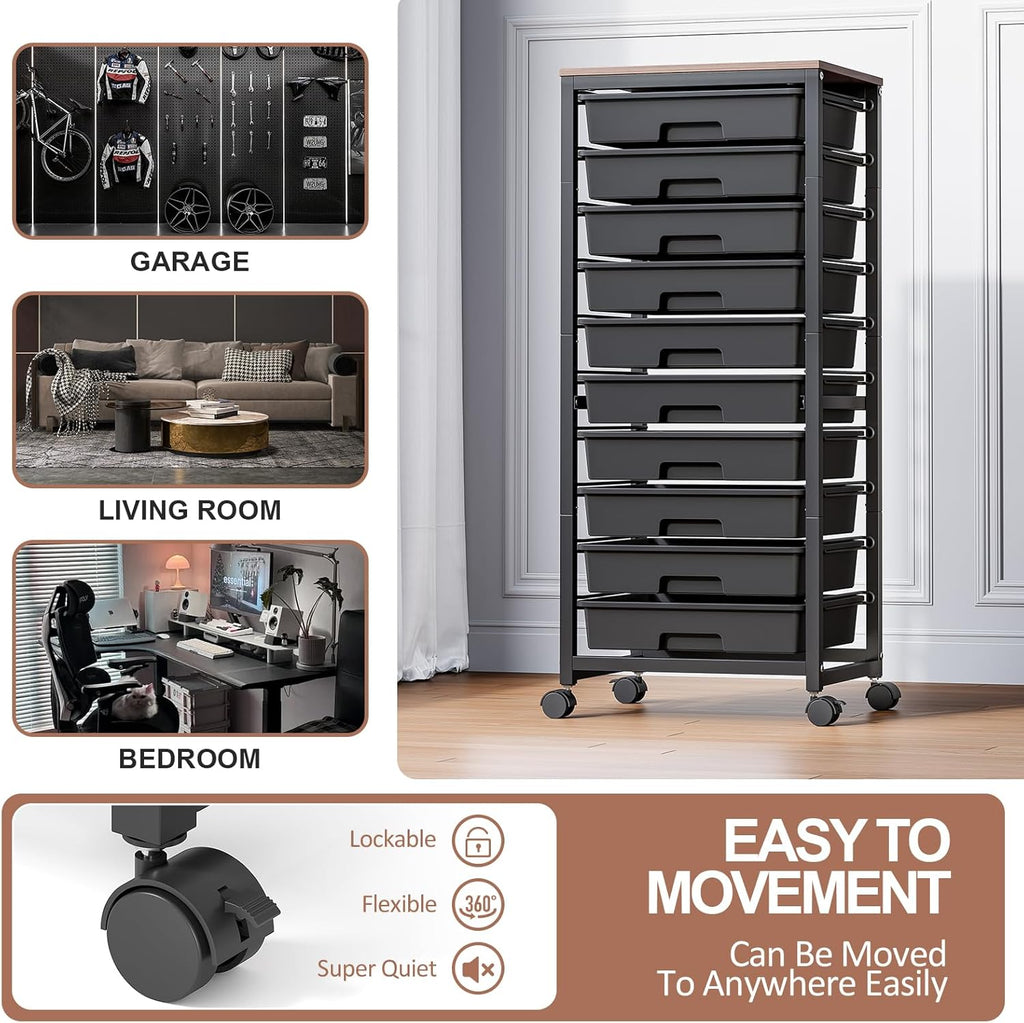 Rolling Cart with Drawers,10 Drawer Rolling Cart,Storage Cart,Utility Cart,Teacher Cart for Classroom Storage,Craft Cart with Wheels and Wooden Tabletop,Black