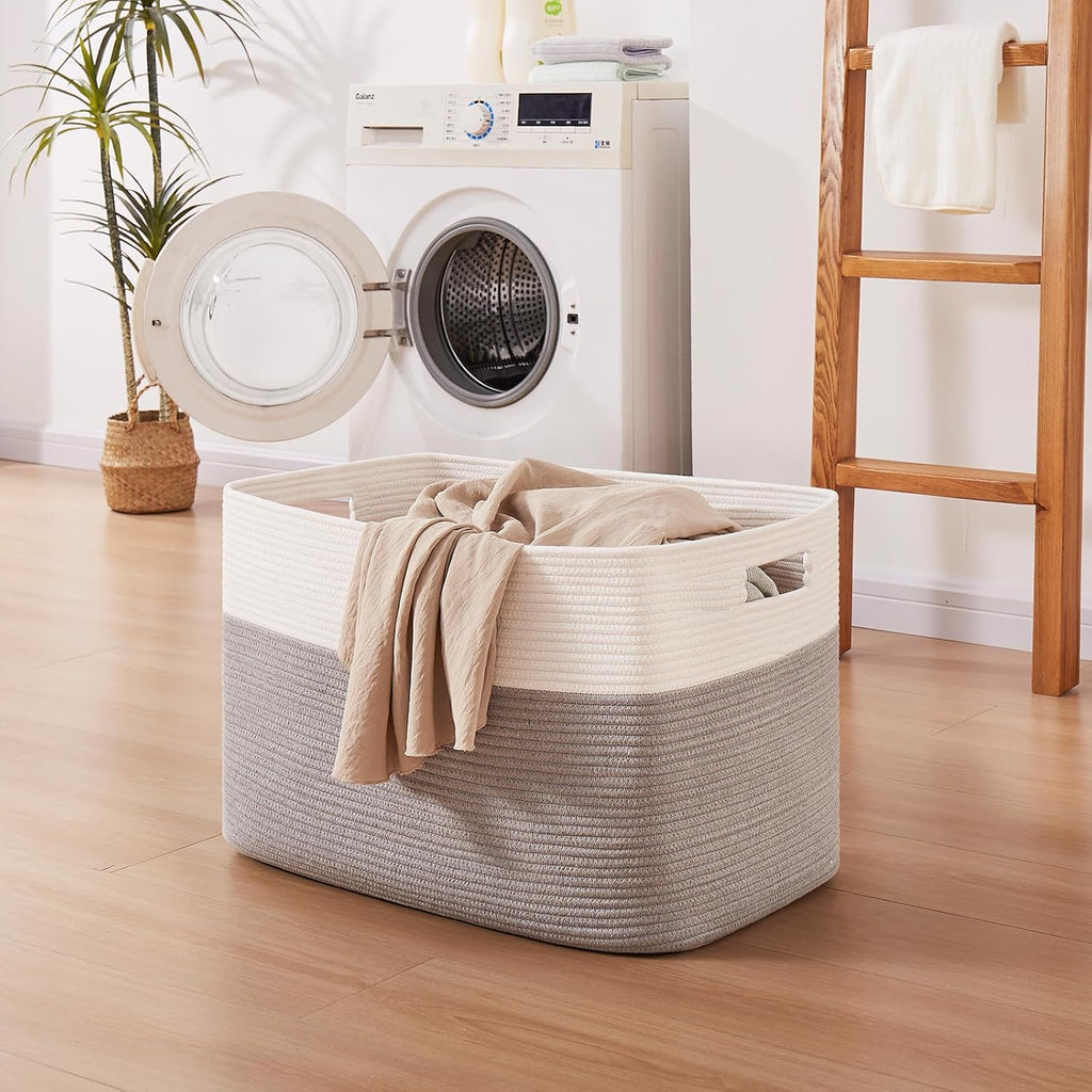 OIAHOMY 108L Extra Large Blanket Basket, 25”x16”x16” Laundry Basket, Blanket Storage for Living Room, Dog Toy Storage with Handle - Grey & White