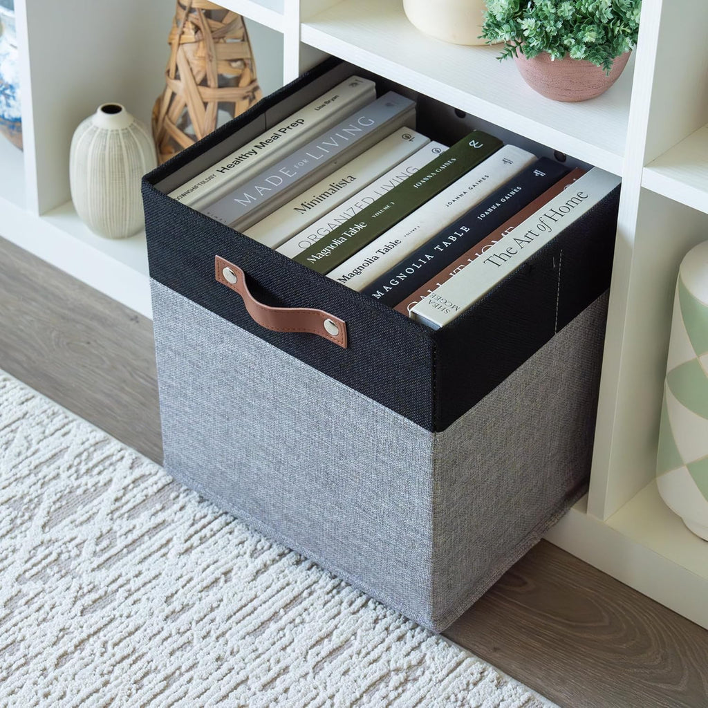 OrganiHaus 12" x 12" x 12" Fabric Storage Bins - Set of 4, Cube Canvas Organizer Bins with Vegan Handles, Kallax Storage Cubes, Cubbies Organizer Boxes, 12 Inch Cubic Baskets for Shelves - Grey/Black