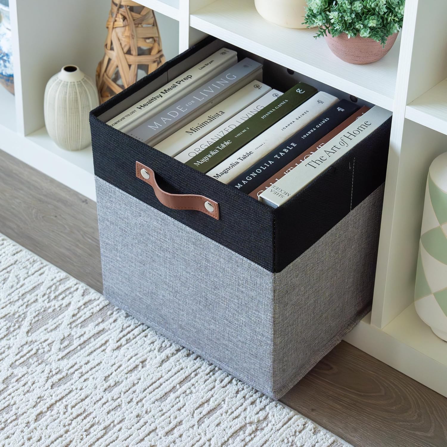 OrganiHaus 12" x 12" x 12" Fabric Storage Bins - Set of 4, Cube Canvas Organizer Bins with Vegan Handles, Kallax Storage Cubes, Cubbies Organizer Boxes, 12 Inch Cubic Baskets for Shelves - Grey/Black