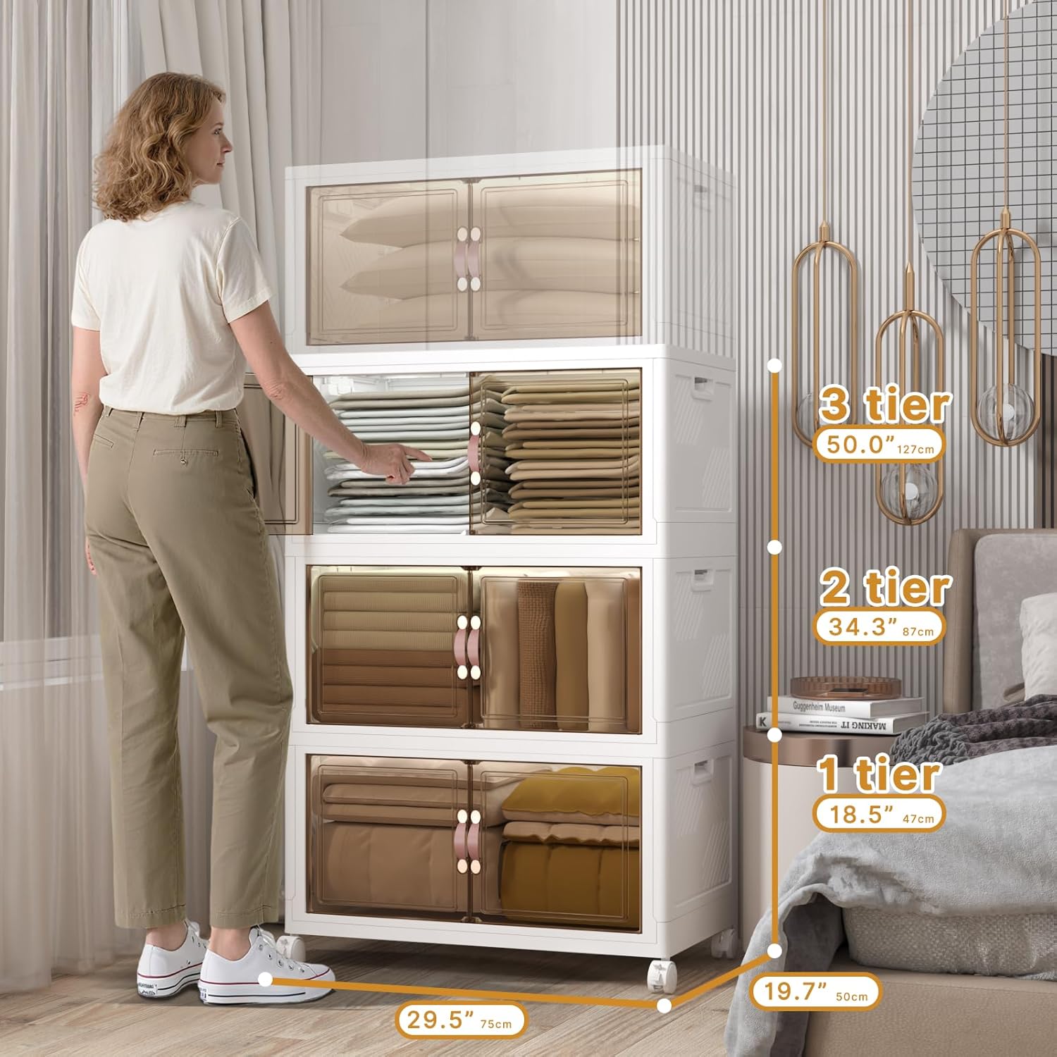 Extra Large Stackable Storage Bins with Lids & Wheels, Foldable Collapsible Closet Organizers Storage Cabinet with Doors for Bedroom Dorm (White, 504QT-168QT/42GAL*3Pack)