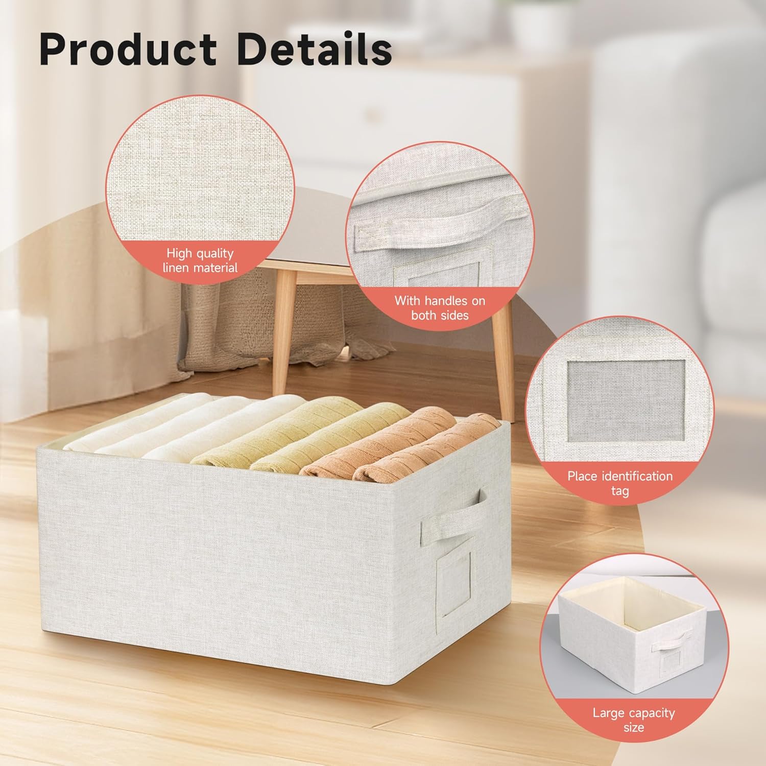 Large 17''x12'' Quart Collapsible Stackable Storage Bins with Lids, 6 Packs Off White Fabric Closet Boxes with Lids, Storage Cube Baskets Container Organizers for Bedroom Office(17''x12.2x''8'')