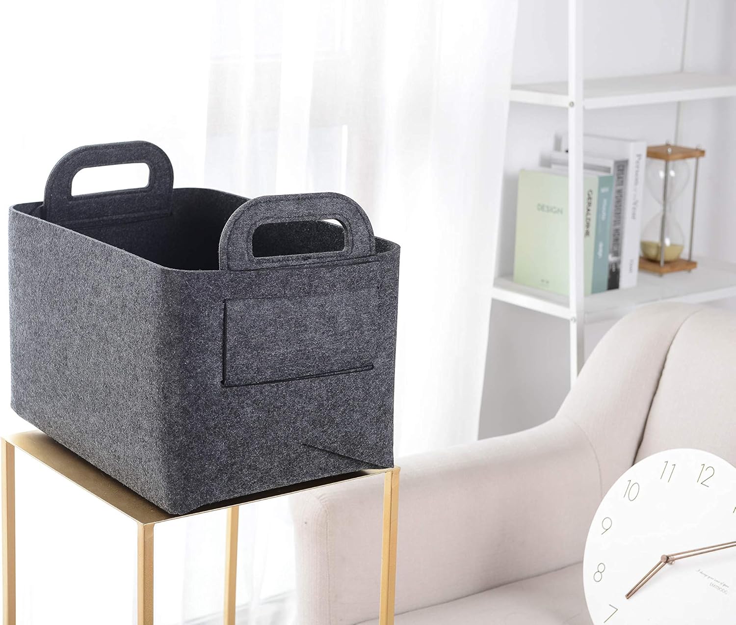 Minoisome Storage Basket Felt Storage Bin Collapsible& Convenient Box Organizer with Carry Handles for Office Bedroom Closet Babies Nursery Toys Laundry (Dark grey, 15.7inch（L）×11inch（W）×10inch（H）)
