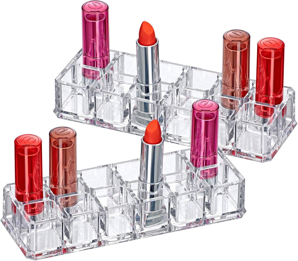 Amazing Abby - Charm - 2-Pack 12-Slot Acrylic Lipstick Organizer, Lipstick Holder, Lip Gloss Holder, Cosmetic Storage Display, Perfect Storage Solution for Drawer and Vanity (Slot Size: 0.9" x 0.9")