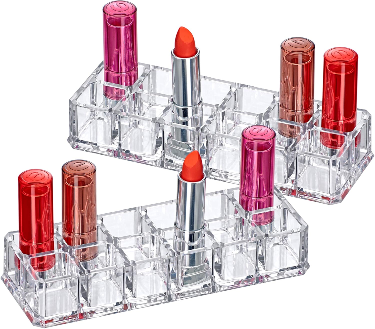 Amazing Abby - Charm - 2-Pack 12-Slot Acrylic Lipstick Organizer, Lipstick Holder, Lip Gloss Holder, Cosmetic Storage Display, Perfect Storage Solution for Drawer and Vanity (Slot Size: 0.9" x 0.9")