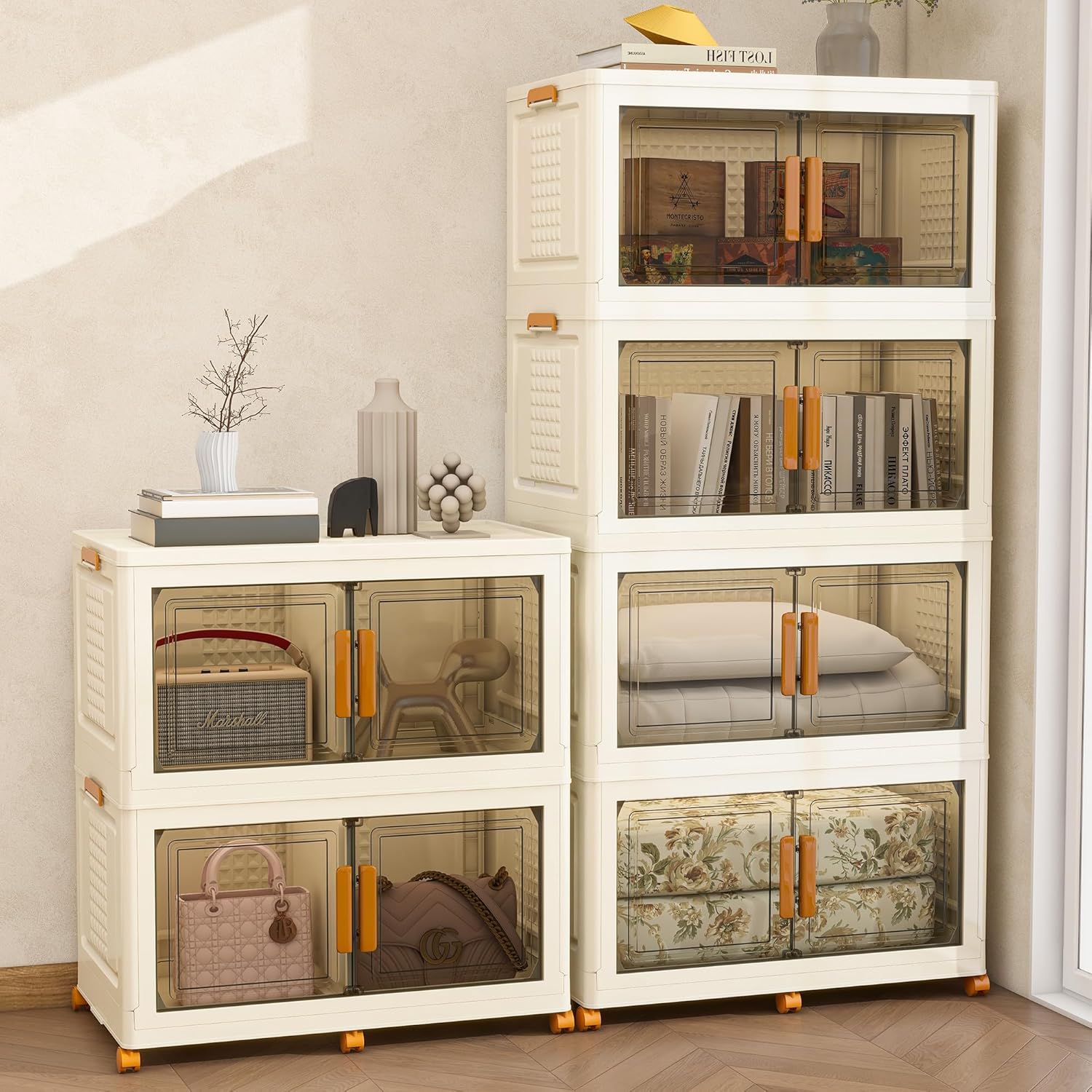 Plastic Stackable Storage Bins with 2 Lids and Wheels, Foldable Closet Organizers and Storage Containers, Collapsible Clear Drawer Storage Cabinet with Doors Ivory White 912 QT