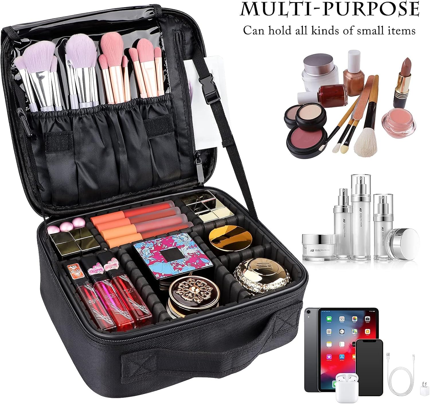 JOURMON Travel Makeup Bag, Large Capacity Cosmetic Train Case for Women Portable Pouch Open Flat Artist Brushes Toiletry Jewelry Digital Organizer Storage Bag with Adjustable Dividers