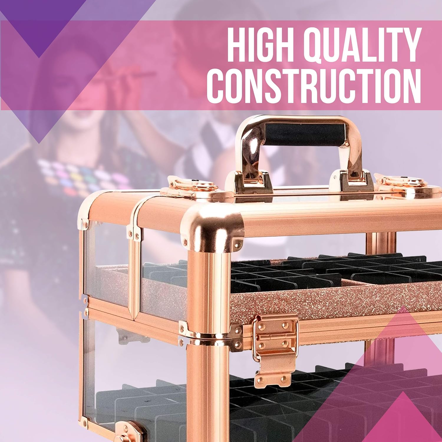 Ver Beauty Professional Armored Clear Acrylic Makeup Nail Tech Case with 2 Sliding Trays and Removable Dividers for Nail Polish Organizer Lockable Portable Travel Cosmetic Aluminum Case (Rose Gold)