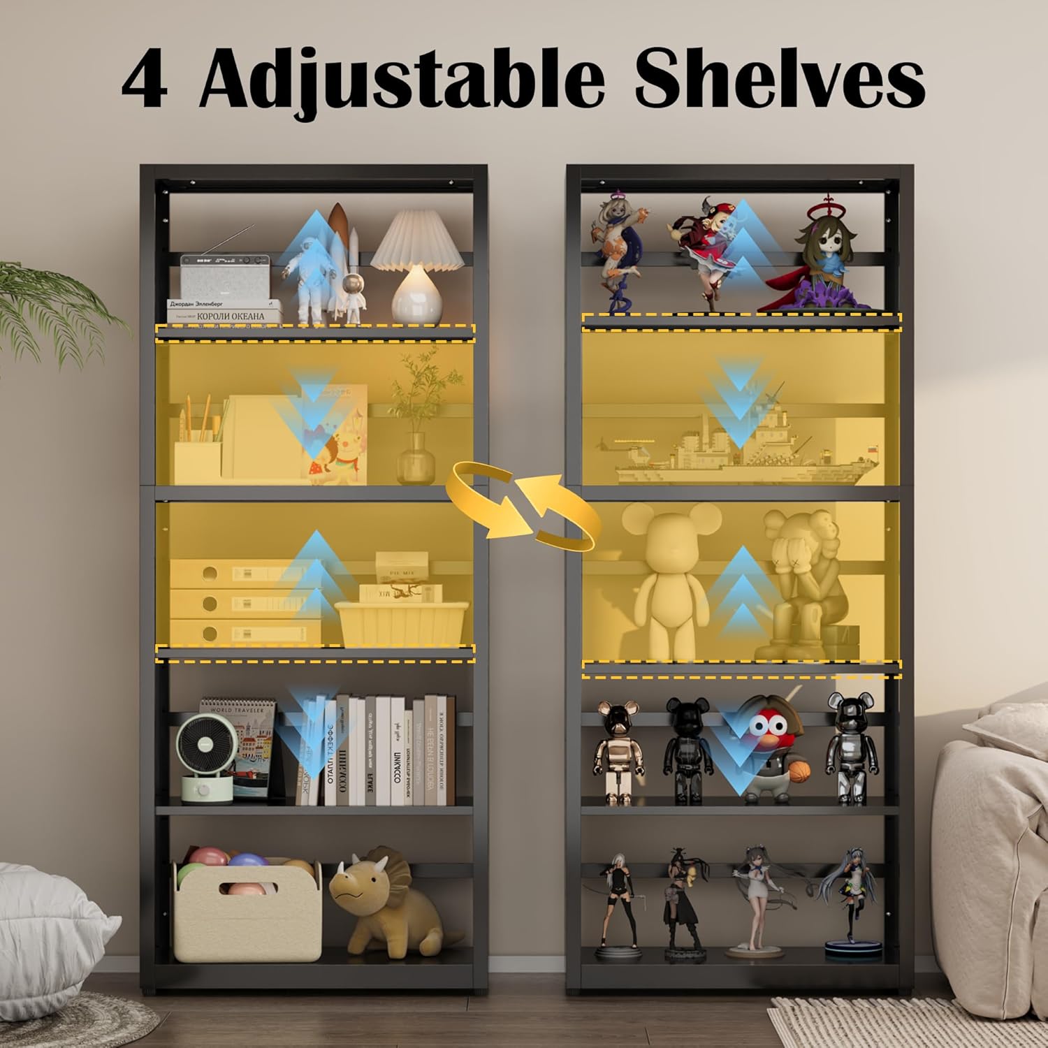 Industrial Bookshelf,5 Tier Bookcase,55" Black Metal Tall Bookshelf with Adjustable Feet and Adjustable Shelves,Home Office Bookcase Shelf Storage Organizer for Living Room、Kitchen