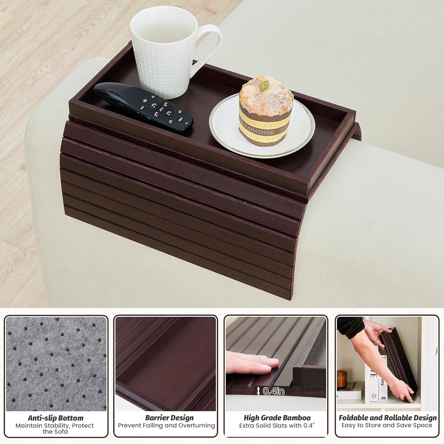 GEHE Bamboo Sofa Arm Tray, Foldable Couch Arm Tray Side Table, Anti-Falling Armrest Tables Cup Holder for Snacks, Drinks, Beers, Phone, Control, Flexible and Portable, Anti-Slip