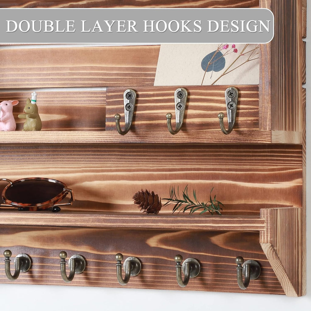 Innovation Key and Mail Holder for Wall, Key Holder Wall Mount, Mail Organizer with 9 Hooks, Light Brown