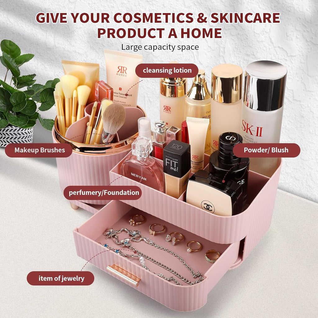 Makeup Organizer for Vanity, Cosmetic Display Case with Drawers, Fits Makeup, Skincare Products, Brushes, Lipsticks, and Other Accessories, Versatile Storage Solution (Pink)