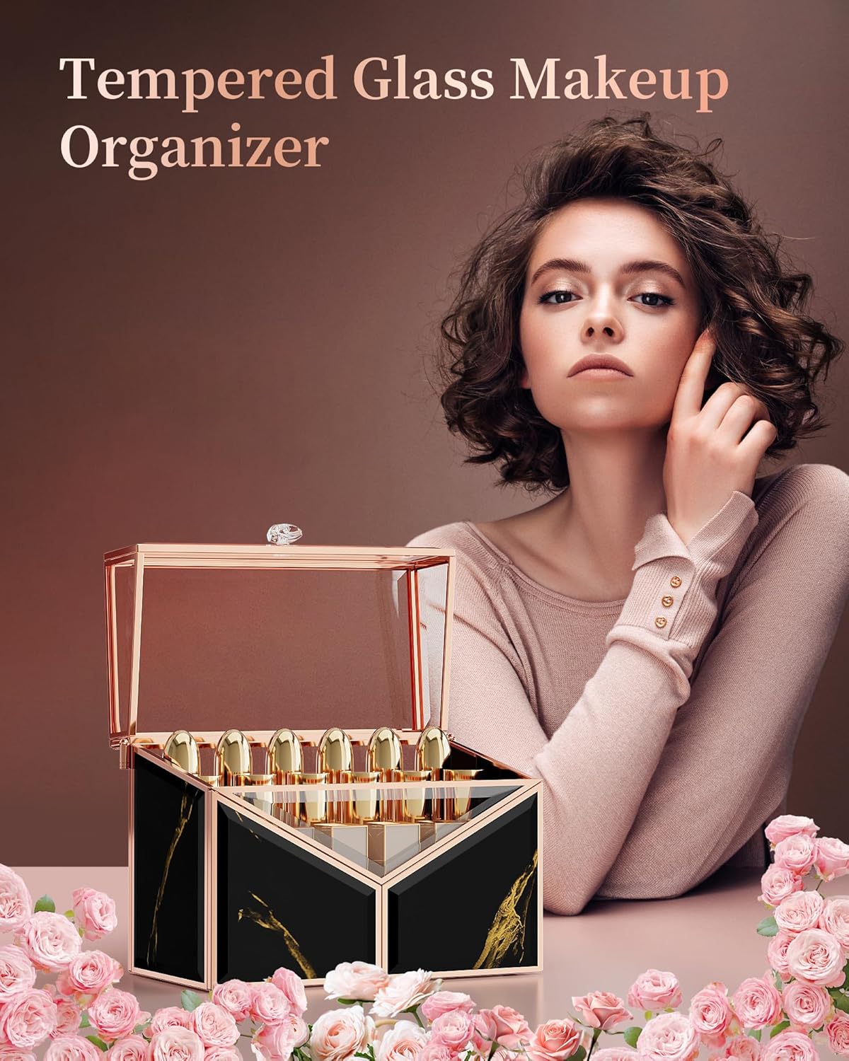 Lipstick Organizer - Black Glass Lipstick Holder & Nail Polish Organizer, 18-Slot Vanity Cosmetic Organizer with Removable Dividers,