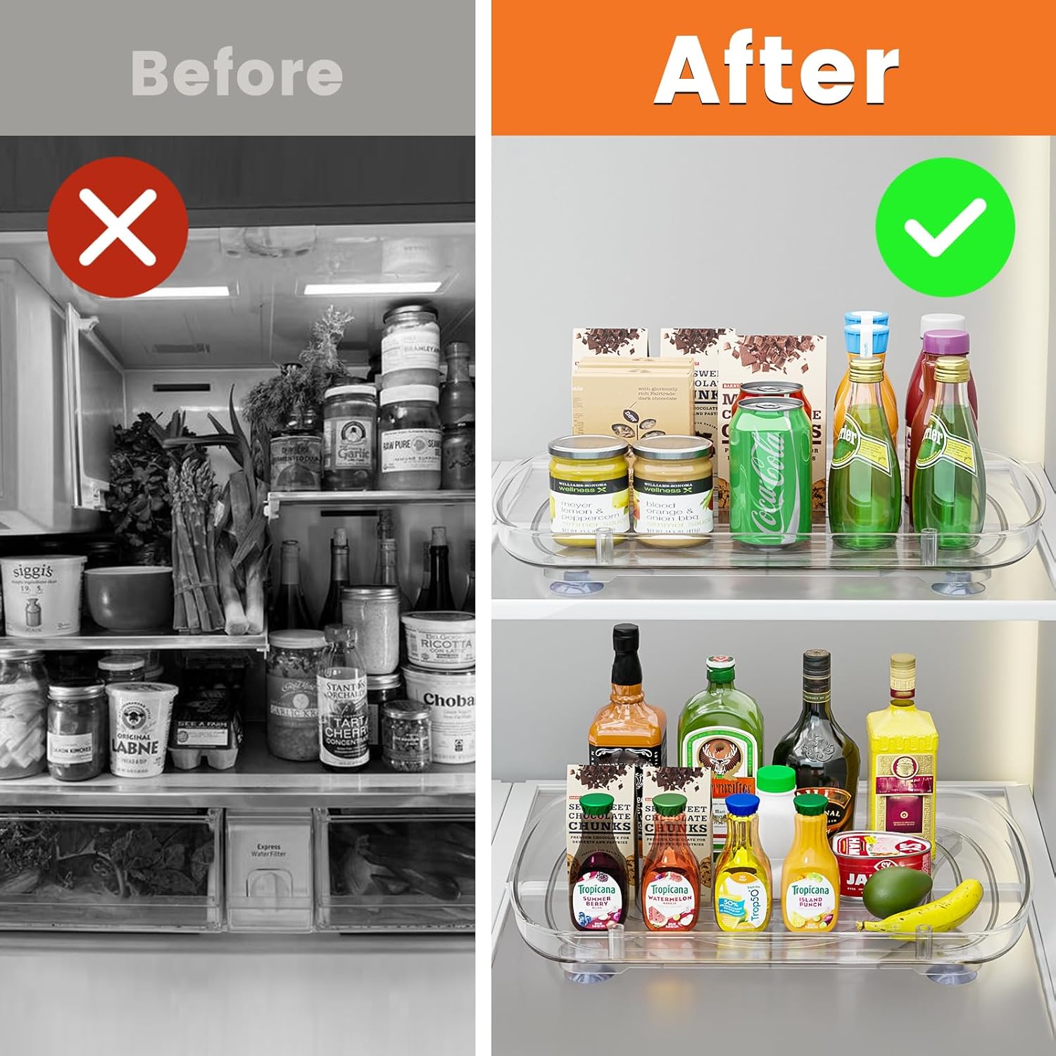 HIYOHIYO Clear Lazy Susan for Refrigerator Rectangular Fridge Turntable Organizers and Storage Pull Out & 360° Rotating for Cabinet Pantry Kitchen Table Bathroom (2-Pack 13.7"x10.2")