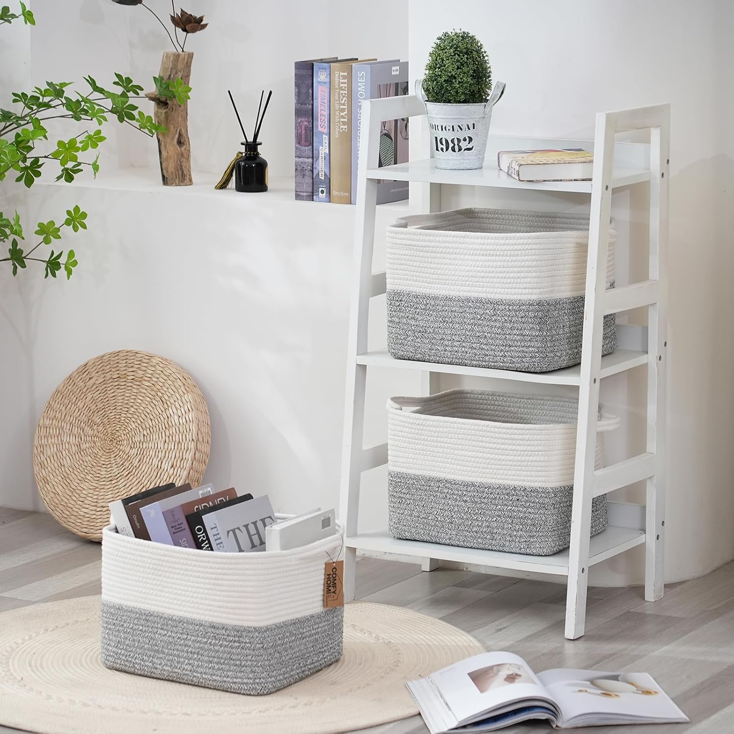 COMFY-HOMI 3-Pack Cotton Rope Woven Rectangular Basket with Handles for Organizing, 13.5" x 11" x 9.5", White/Grey