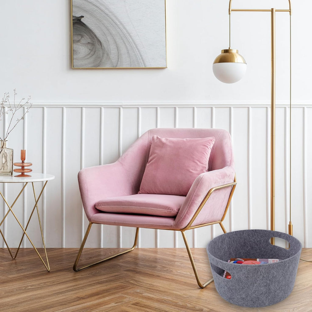 Welaxy Large Storage Basket Felt Open Storage Bins Desk Organize bin Shelf Box with Handles Light Weight for Magazines Books Junk Kids Toys Pet Toy Clothes Laundry Organizer Round (Gray)