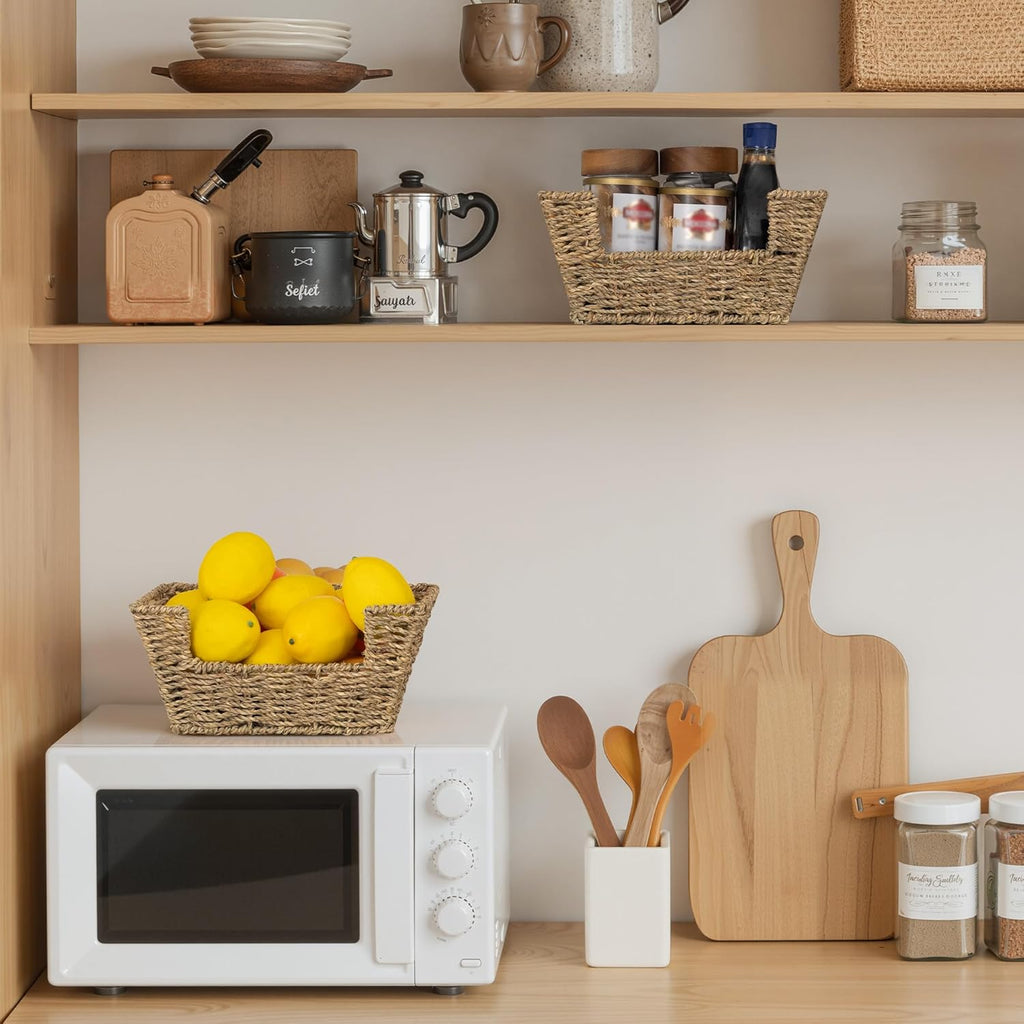 StorageWorks Small Pantry Baskets for Patato and Onion Storage, Wicker Baskets for Organizing with Built-in Handles, Seagrass Pantry Organizers and Storage for Shelves, Countertop, 2 Pack