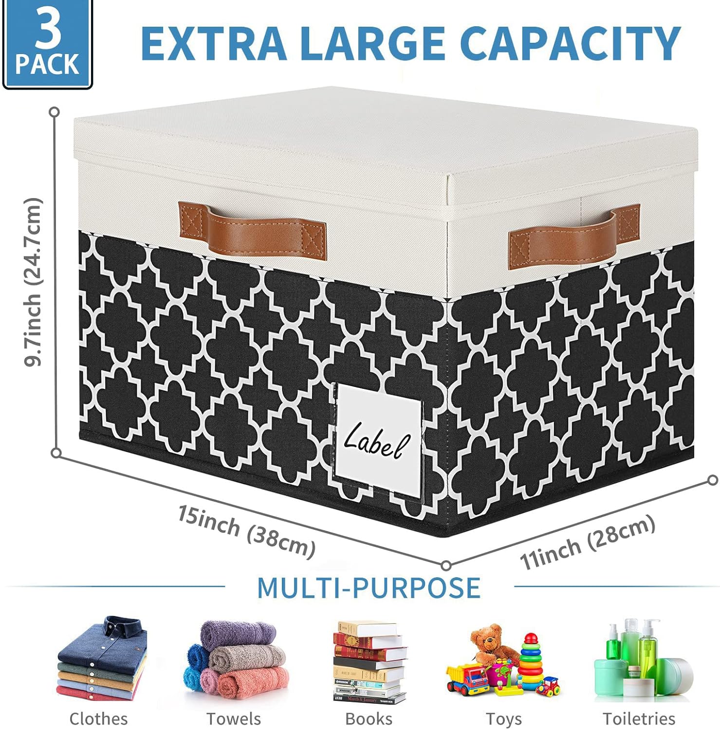 GhvyenntteS Fabric Storage Bins with Lids 3 Pack, Foldable Fabric Storage Boxes with Lids and 3 Handles, Sturdy Closet Organizers and Storage Bins with Label Window for Home (White&Lattice Black)