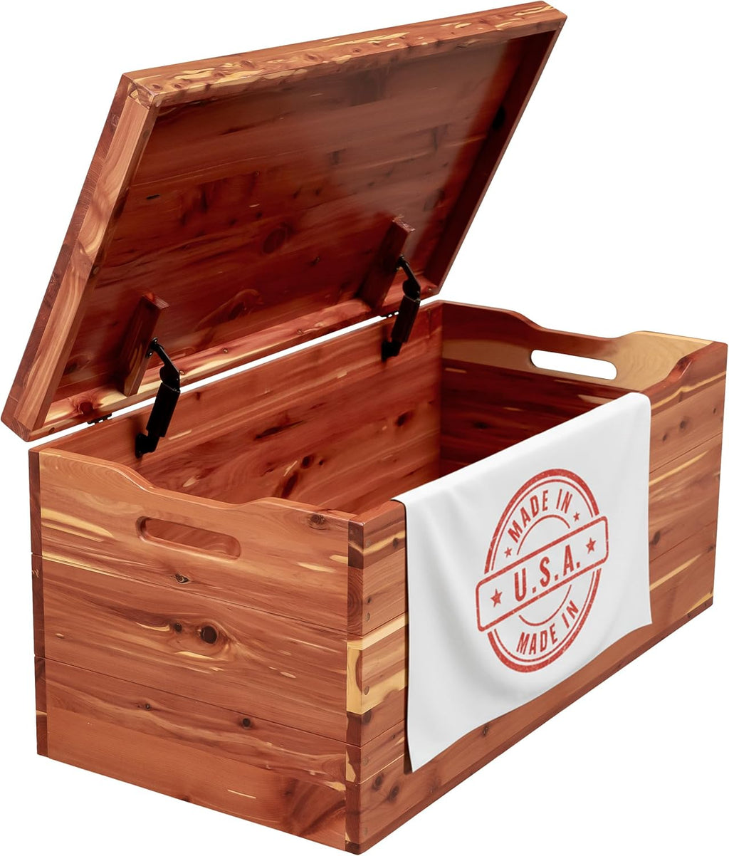 Amish Made Wooden Storage Chest Trunk Box with Lid and Handles for Bedroolanket, Clothes, Anti-Slam Hinges, Handmade, Rustic, Cedar Wood, Natural Stain, 36"