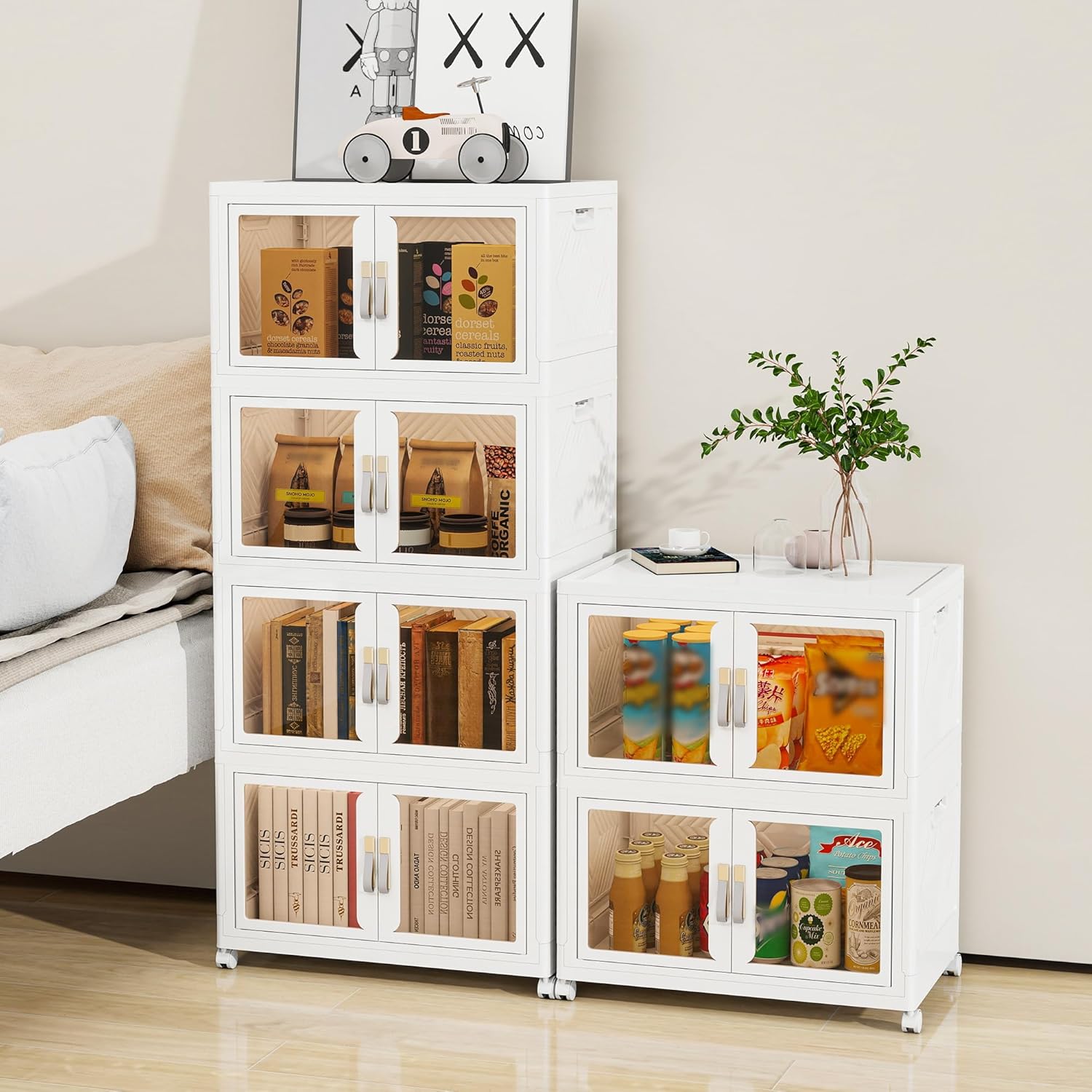 Large Clear Stackable Storage Bins with 2 Lids, Foldable Storage Cabinet for Closet Organizers and Storage, Plastic Storage Box with Wheels 270 QT