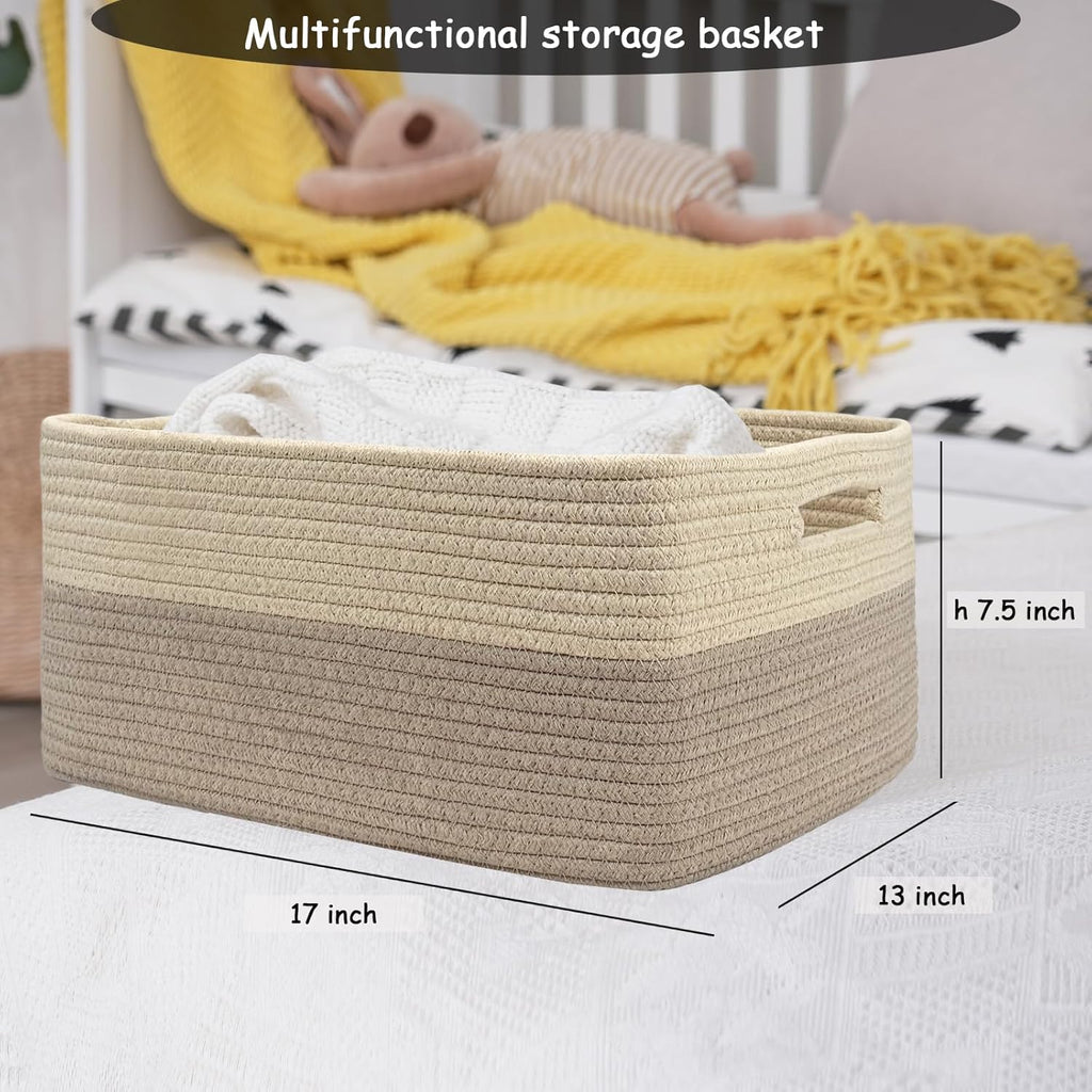 COMFY-HOMI 3 pcs Large Storage Baskets for Shelves, Laundry Basket, Woven Rope Basket, Closet Organizer Bins for Clothes Blanket Towels, Baby Nursery, Gift Toy Baskets, 17” x 13” x 7.5”-Beige Brown