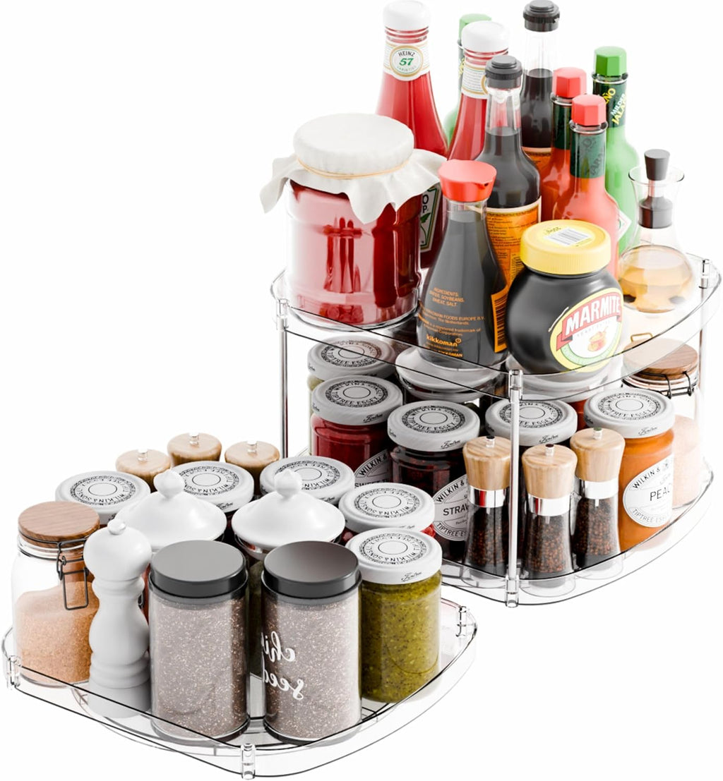 Yieach 2 Pack Rectangle Lazy Susan for Refrigerator,12″x10″ Square Fridge Turntable Organizer & Tray and 2 Tier Rotating Spice Rack for Jar,Can,Medication,Condiments,Seasoning Organizer for Cabinet