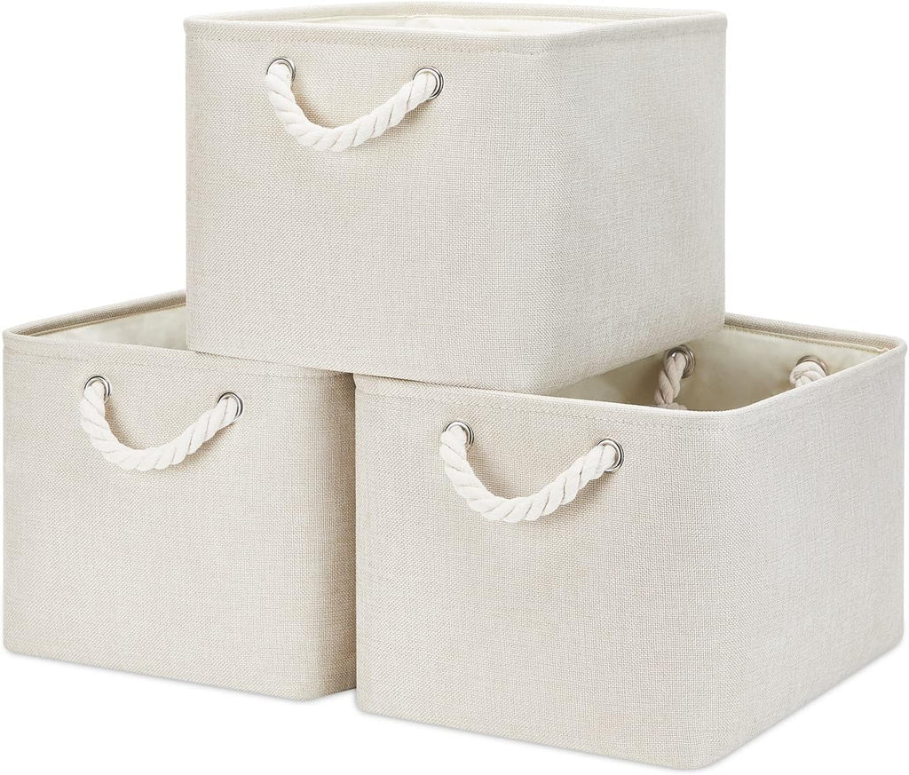 Bidtakay Baskets Collapsible Large Toy Storage Baskets for Organizing Set of 3 Closet Organizer Linen Cream Storage Bins 15 X 11 X 9.5 Inch Shelf Organizer Bins for Nursery Storage (Light Beige)