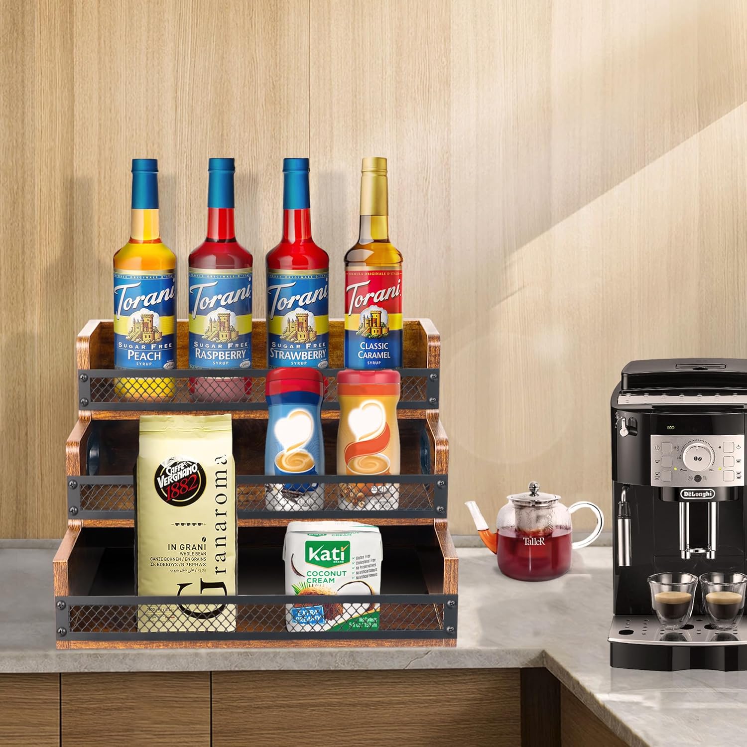 Liquor Bottle Display Shelf, Coffee Syrup Rack Organizer, 2 Pack 3 Step Countertop Liquor Wine Rack, Coffee Station Organizer with Fences & Handles, Home Retro Bar Shelf Stand for Liquor Whiskey