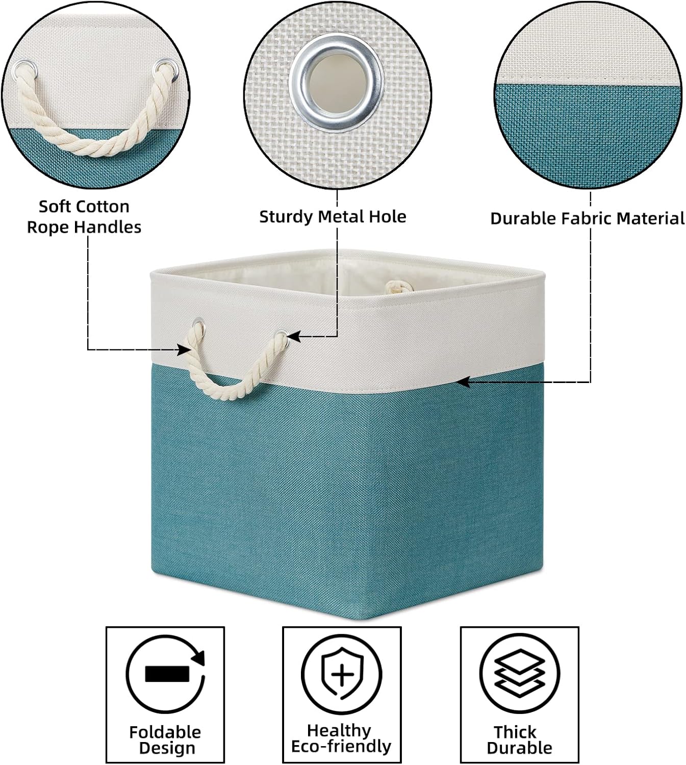 Bidtakay Fabric Baskets for Closets Shelves Lined Set of 3 Large Square Collapsible Storage Bins for Organizing 13 X 13 Cube Storage Bins for Pantry Organization Storage(Teal Blue)