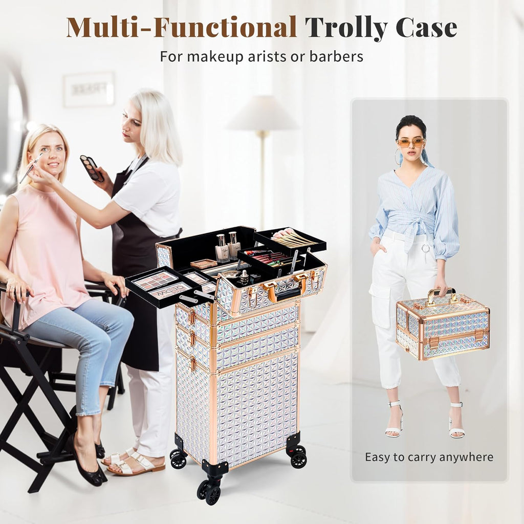 AROUS 5 in 1 Rolling Makeup Train Case Cosmetology Case on Wheels Large Cosmetic Organizer Travel Cart for Hairstylist Artist Nail Beauty Salon Barber,White