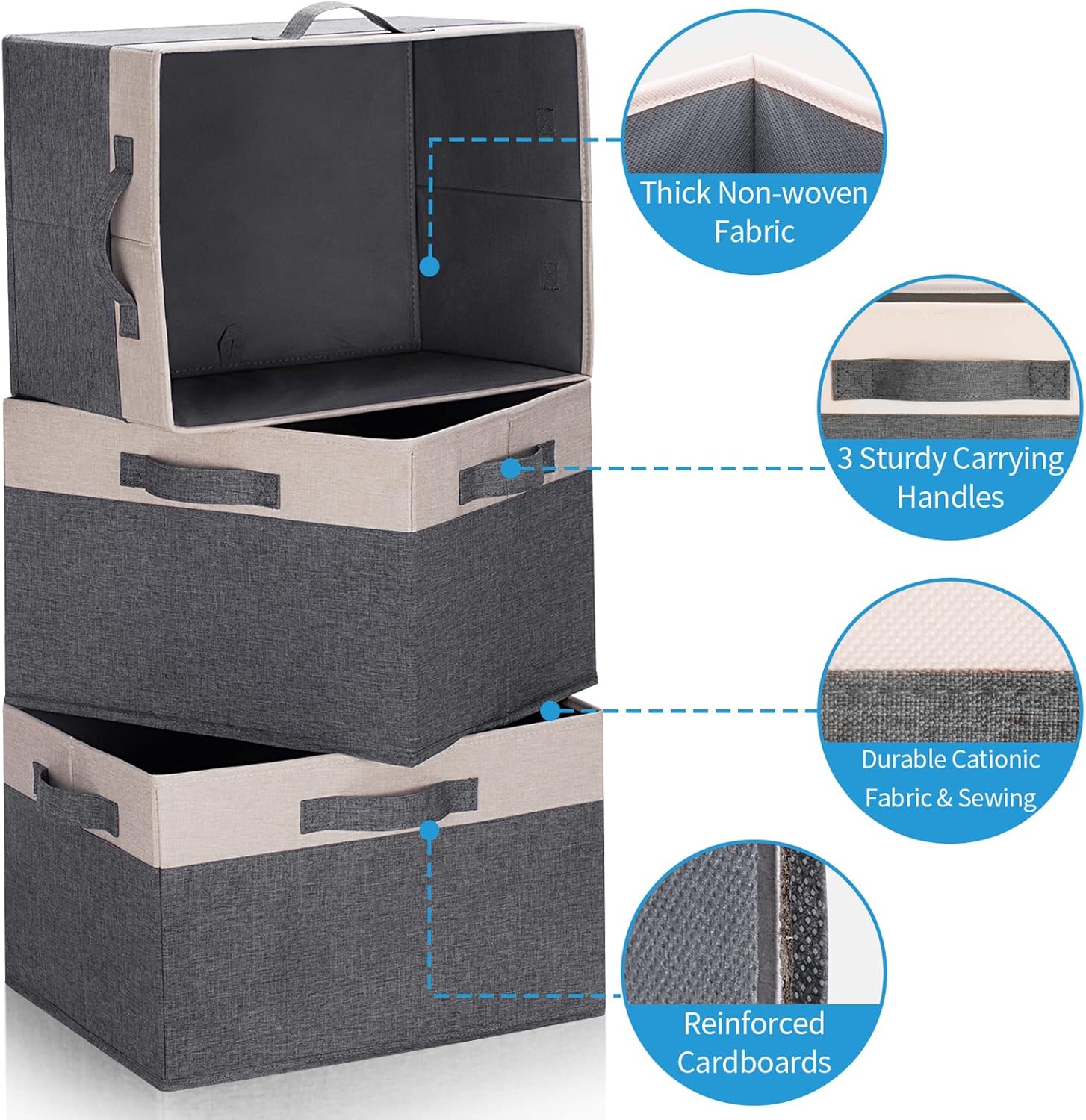 GhvyenntteS Large Fabric Storage Bins for Shelves with 3 Handles, 15x11x9.6 Inch Closet Storage Bins, Sturdy Foldable Storage Baskets for Shelves Closet Bedroom Living Room Office (Beige, Set of 3)