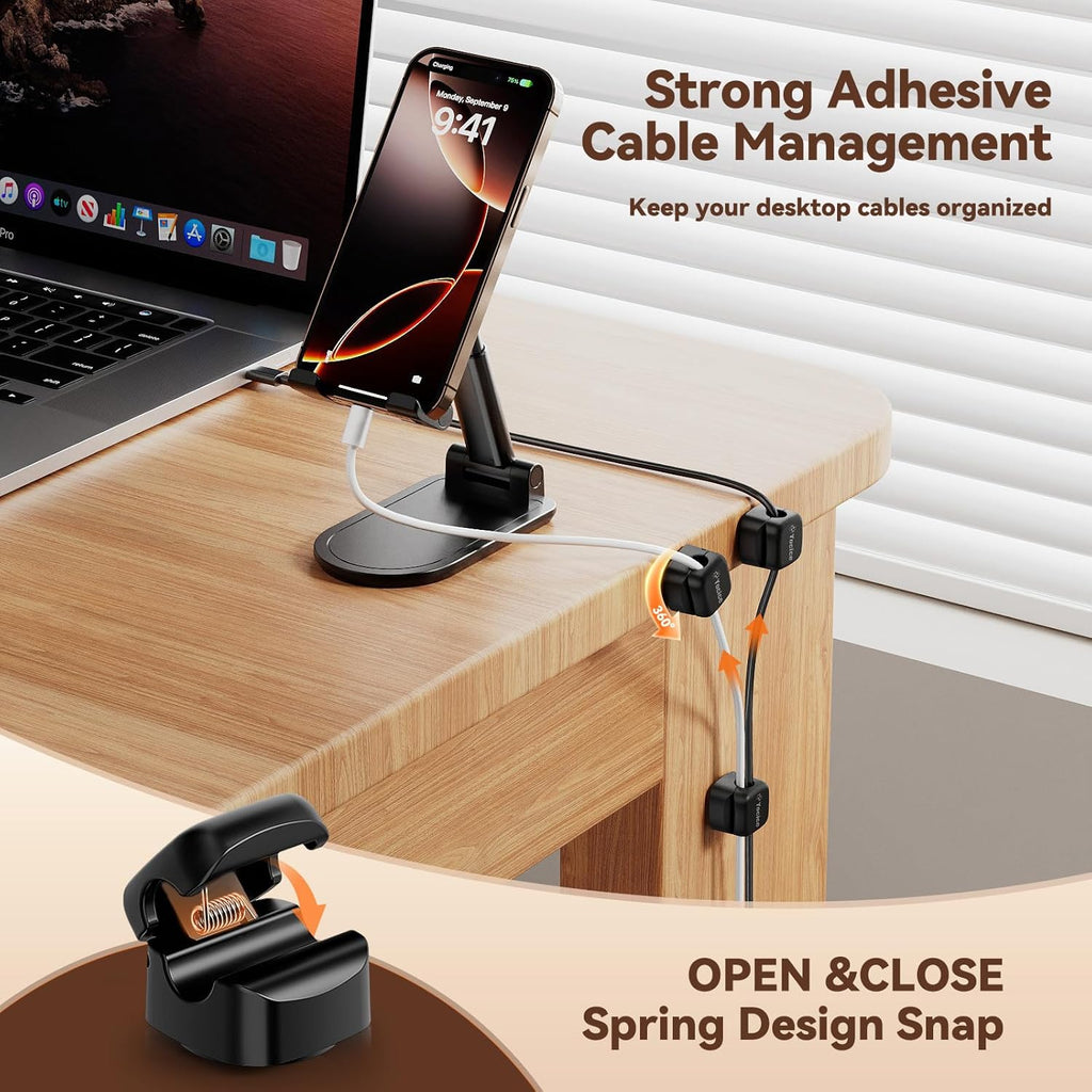 10 Pack Rotatable Cord Organizer,Spring Cable Clips Desk Cable Management Cord Holder Adhesive Phone Charger Cord Clips for Home Office Car Wall Nightstand Accessories Black