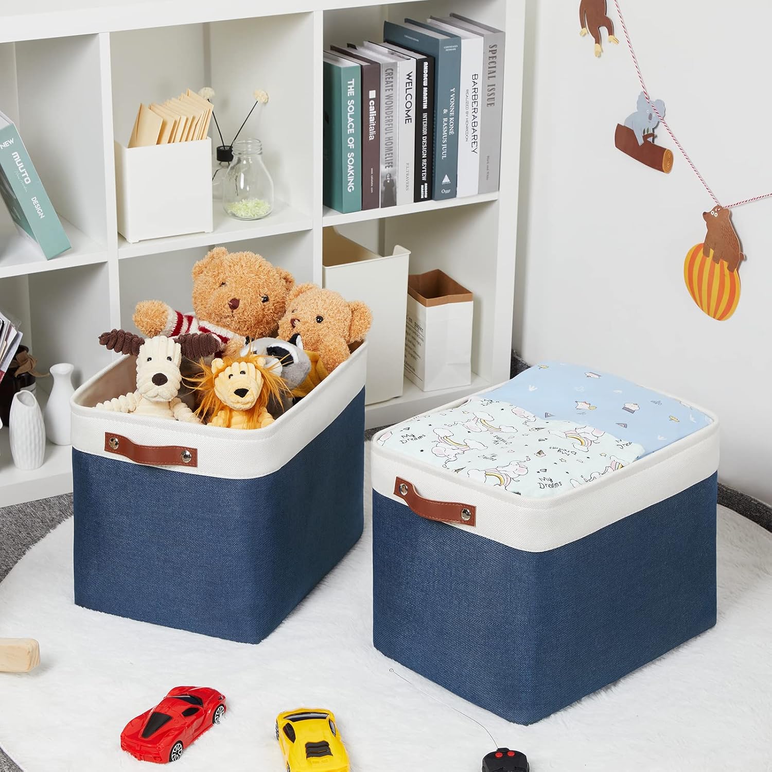 HNIZGE Large Rectangle Basket Fabric Baskets for Organizing [2 Pack] Tall Storage Basket Navy Blue Baskets 16" x 11.8" x 11.8" Shelf Baskets for Storage Linen Closet Organizers (Blue&White)