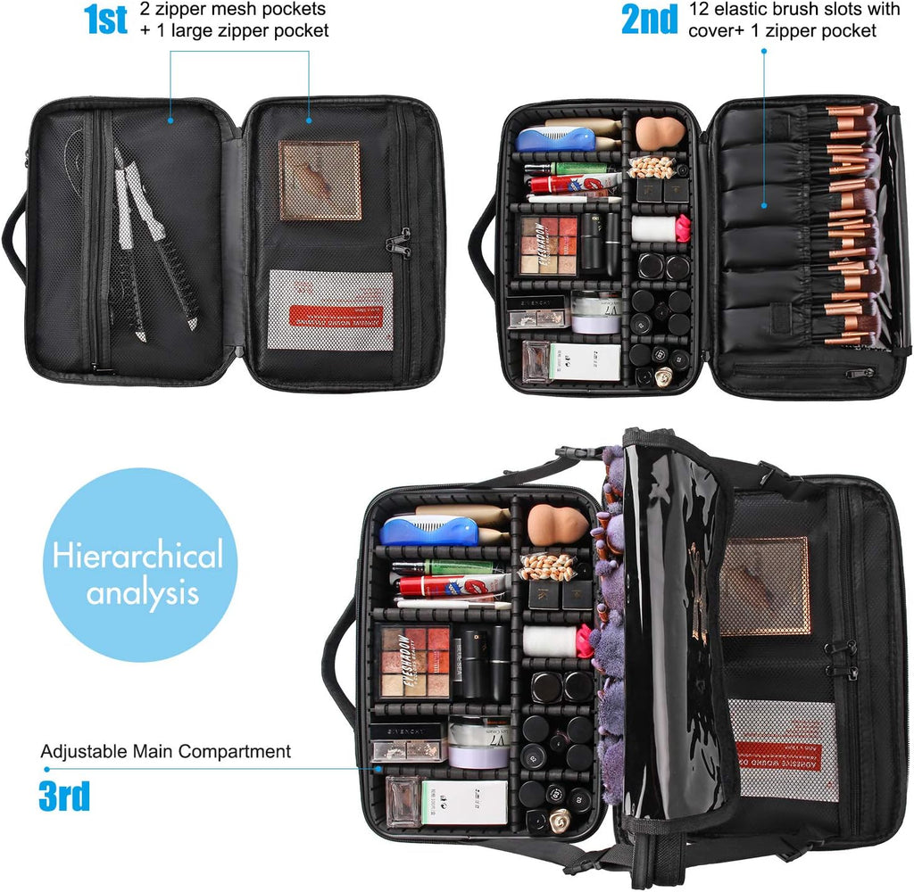Relavel Makeup Bag Travel Makeup Train Case 13.8 inches Large Cosmetic Case Professional Portable Makeup Brush Holder Organizer and Storage with Adjustable Dividers and Shoulder Strap Black