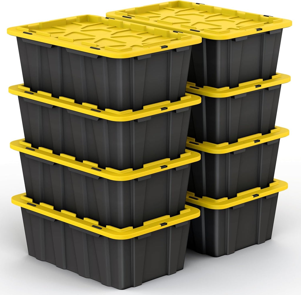 Lifetime Home 8 PACK of Medium 12 Gallon Plastic Storage Bin Tote Organizing Container with Ultra Durable Secure Latching Lids, Stackable, Extra Strength Clear with Built in Handle - Black and Yellow