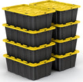 Lifetime Home 8 PACK of Medium 12 Gallon Plastic Storage Bin Tote Organizing Container with Ultra Durable Secure Latching Lids, Stackable, Extra Strength Clear with Built in Handle - Black and Yellow