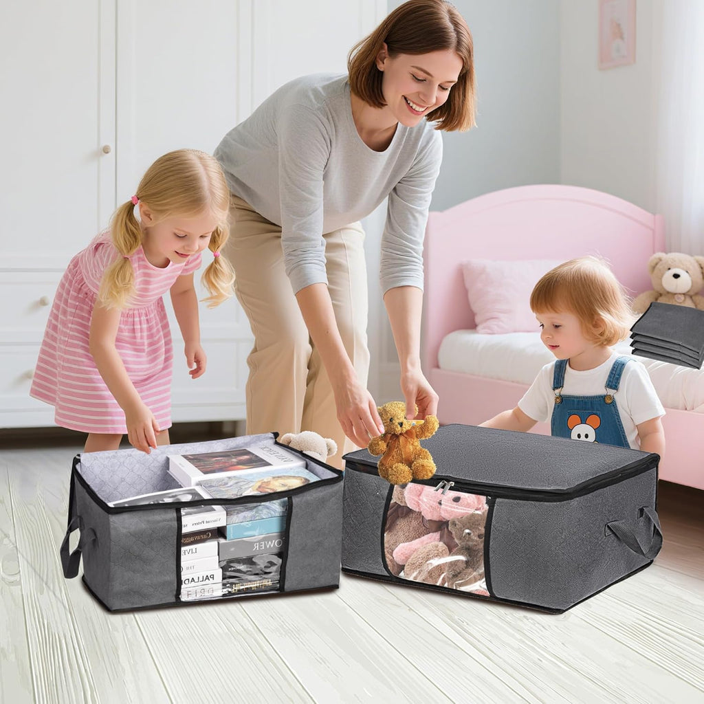 10 Pack Clothes Storage Bags with Zipper, 45L Foldable Blanket Storage Box with Clear Window Sturdy Handles for Closet, Dorm, Pillows, Bedding, Sheet, Comforter, Gray