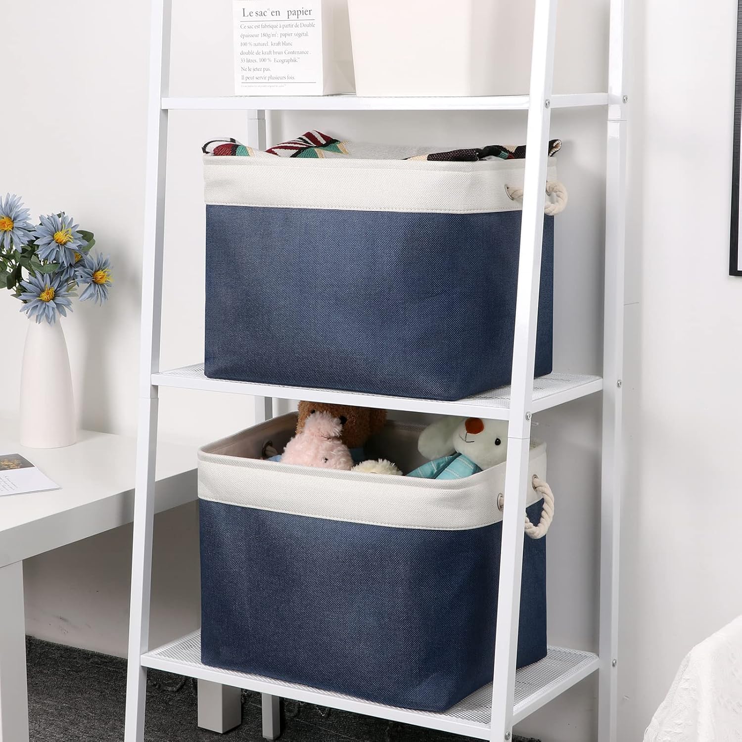 Bidtakay Fabric Storage Baskets with Handles for Organizing 16" x 11.8" x 11.8" Navy Blue Baskets [2-Pack] Shelf Baskets Large Canvas Collapsible Bins for Closet (White&Blue)