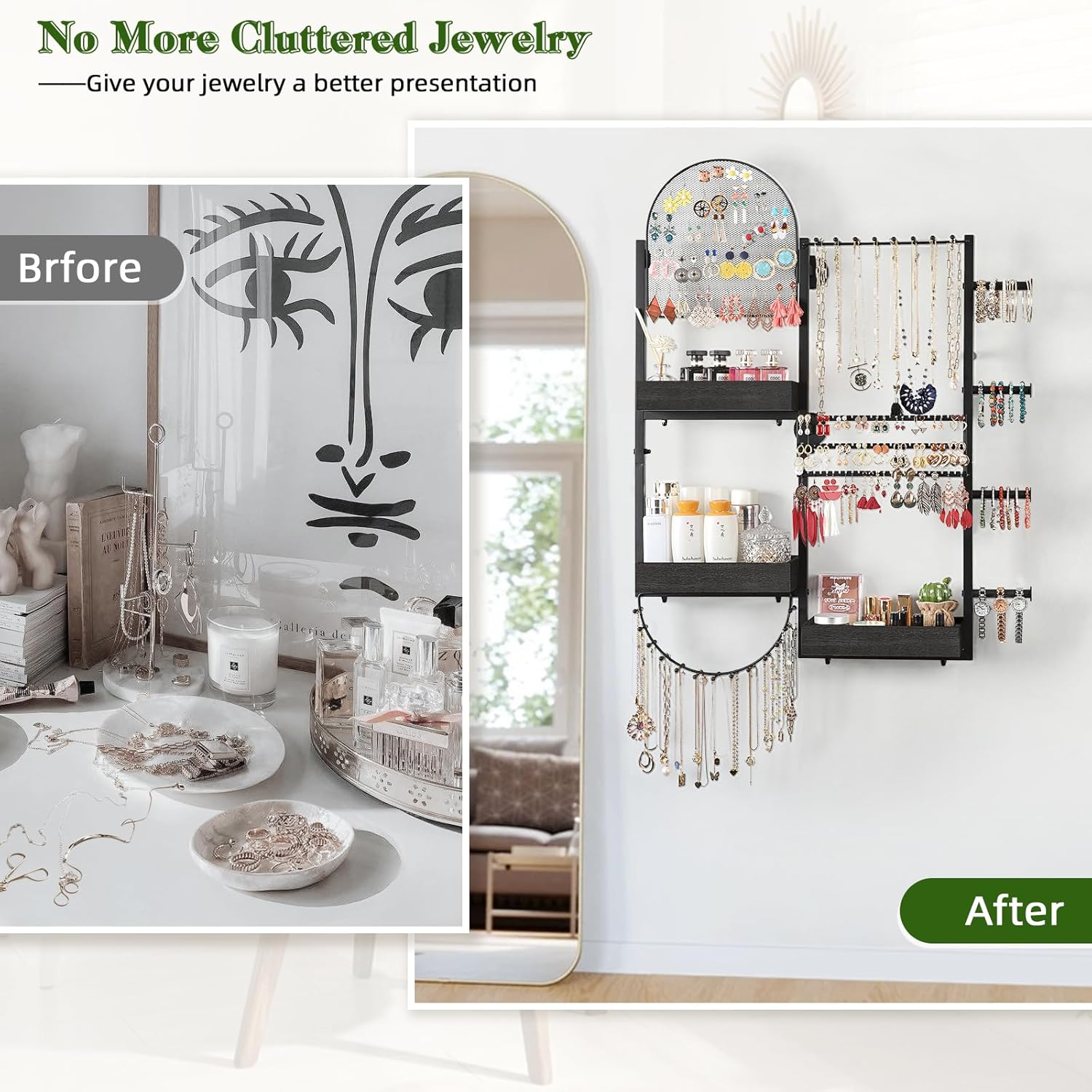 Keebofly Wall Mount Hanging Jewelry Organizer - Large Display Holder for Earrings, Rings, Necklaces, Bracelets, Watches and Perfume - Black