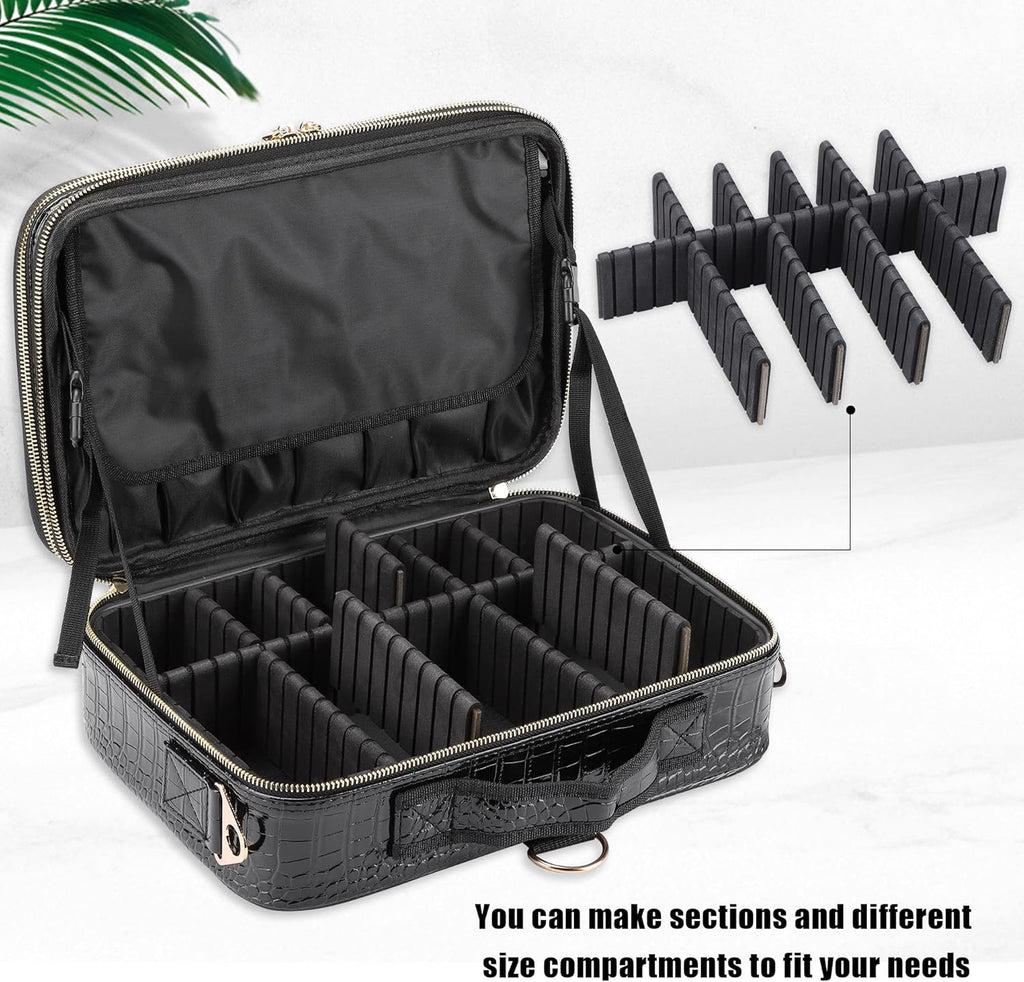 JOURMON Travel Makeup Train Case,Large Capacity Cosmetic Bags for Women,Portable Makeup Bag Organizer with Adjustable Dividers & Shoulder Strap (Crocodile Pattern Black,Medium)