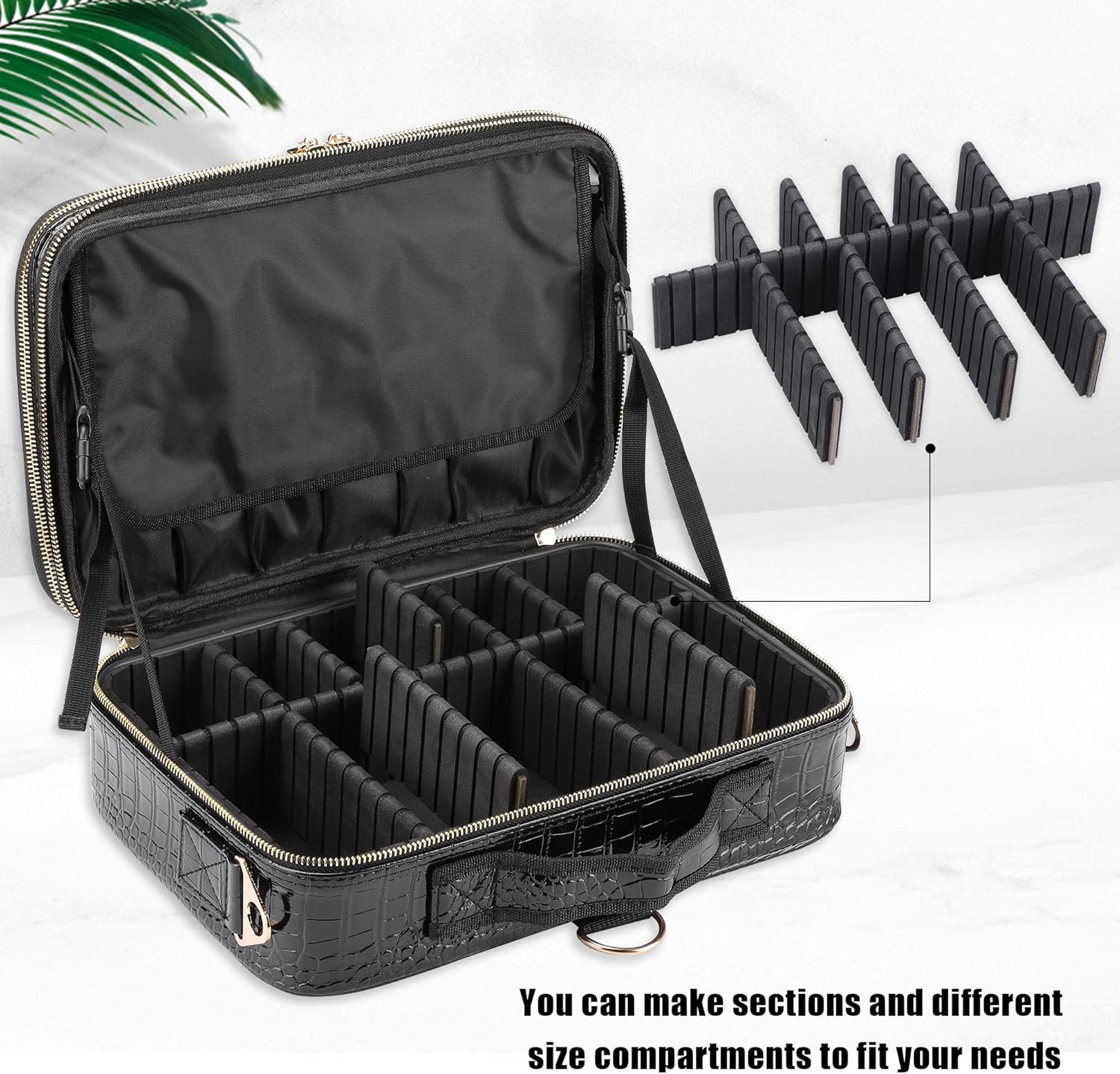 JOURMON Travel Makeup Train Case,Large Capacity Cosmetic Bags for Women,Portable Makeup Bag Organizer with Adjustable Dividers & Shoulder Strap (Crocodile Pattern Black,Medium)