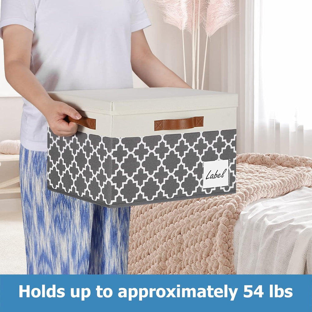 GhvyenntteS Extra Large Storage Bins with Lids, Foldable Fabric Storage Boxes with Lids and 3 Handles, Storage Baskets with Label for Home Office (3 Pack, White&Lattice Grey, 15.75x11.8x10.2)